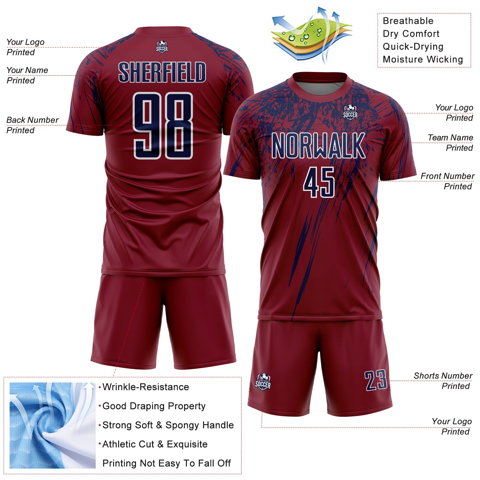 Custom Crimson Navy-White Splash Sports Sublimation Soccer Uniform Jersey