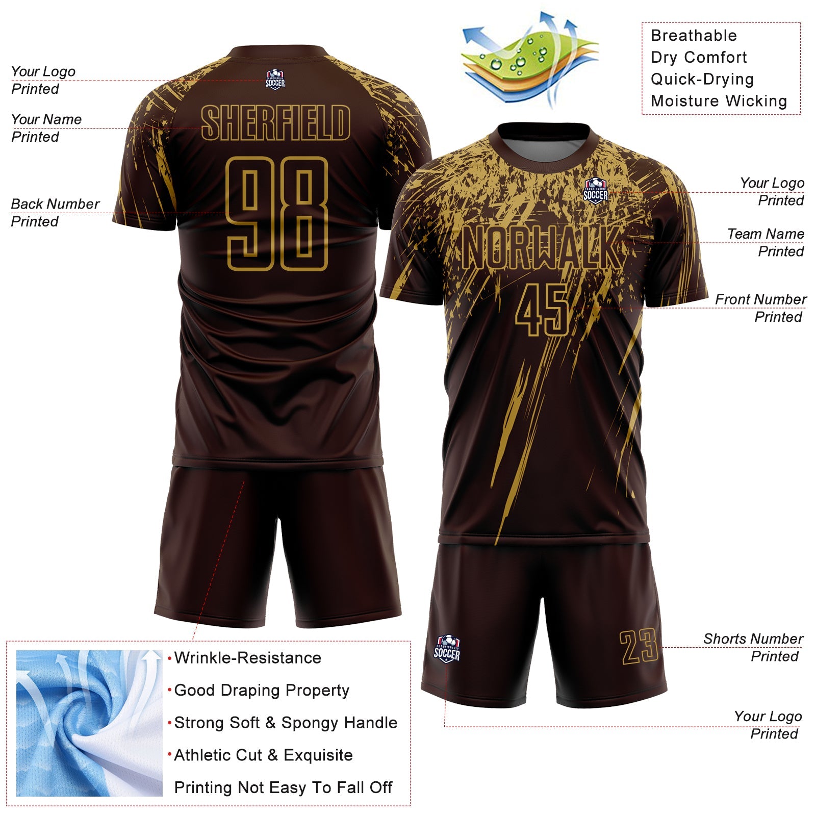 Custom Brown Old Gold Splash Sports Sublimation Soccer Uniform Jersey