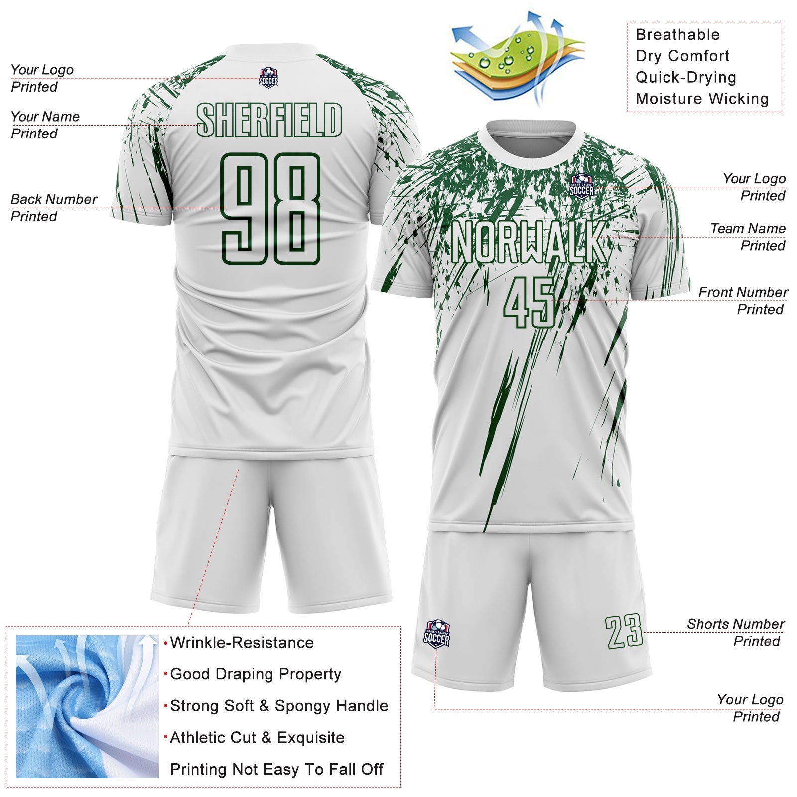 Custom White Green Splash Sports Sublimation Soccer Uniform Jersey