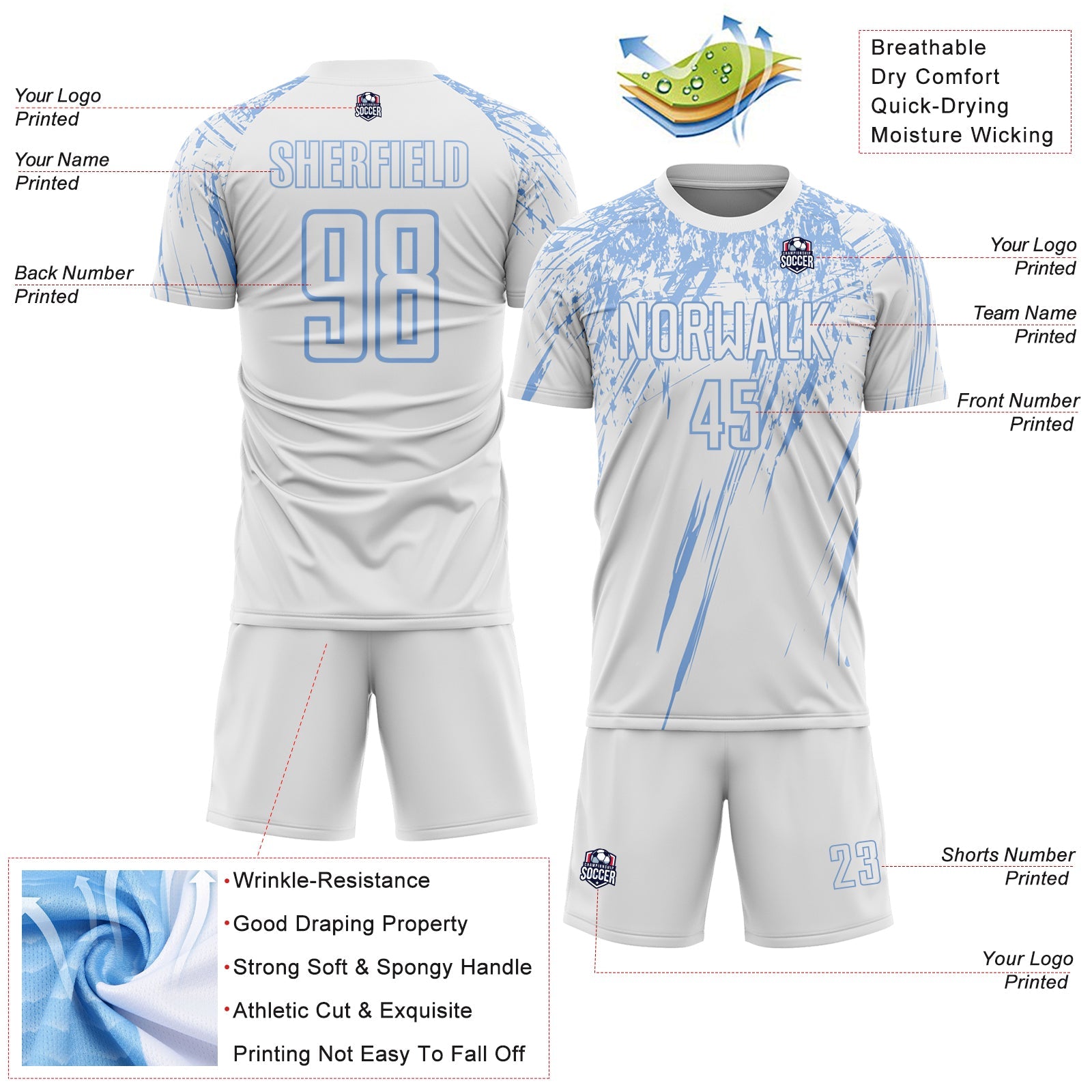 Custom White Light Blue Splash Sports Sublimation Soccer Uniform Jersey