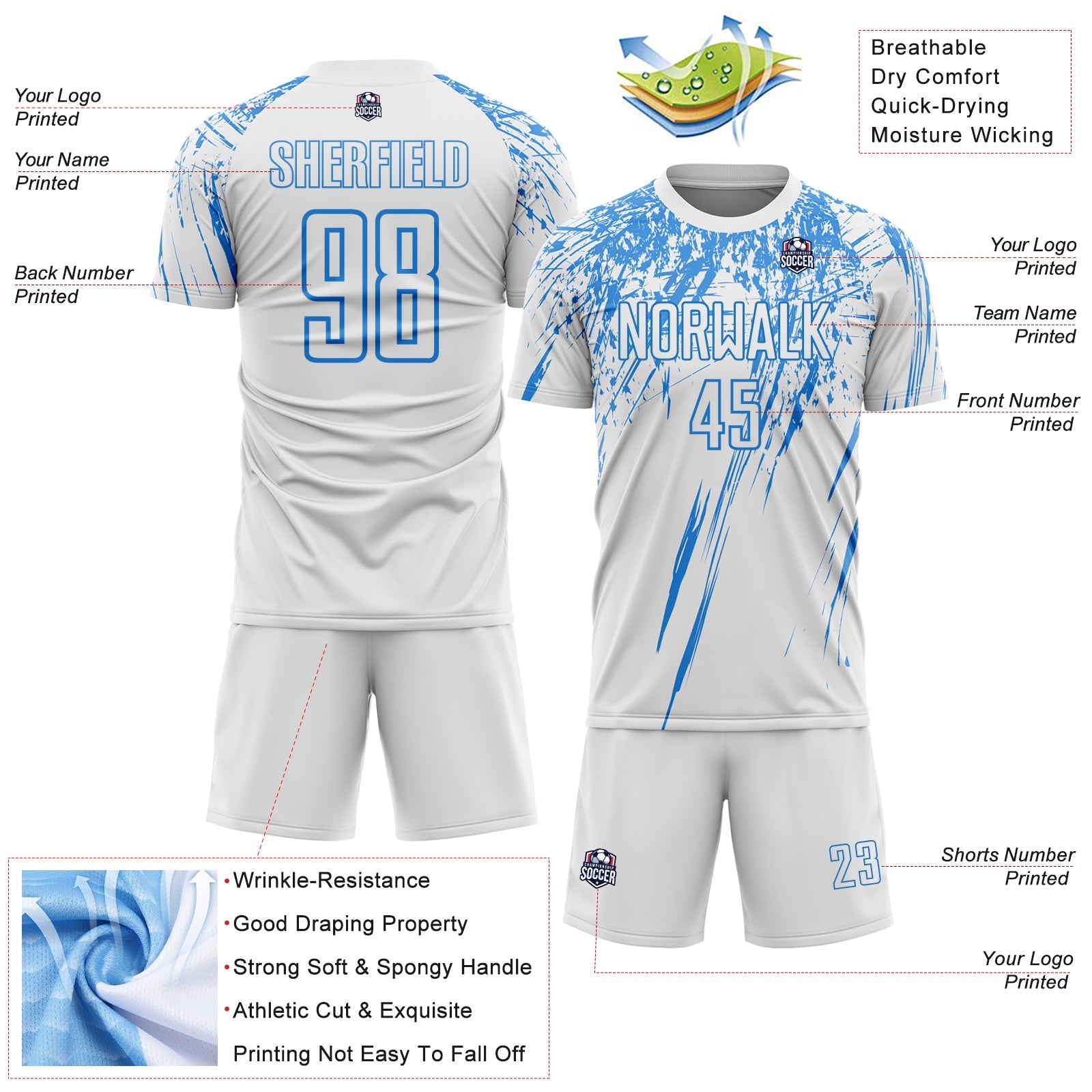 Custom White Powder Blue Splash Sports Sublimation Soccer Uniform Jersey