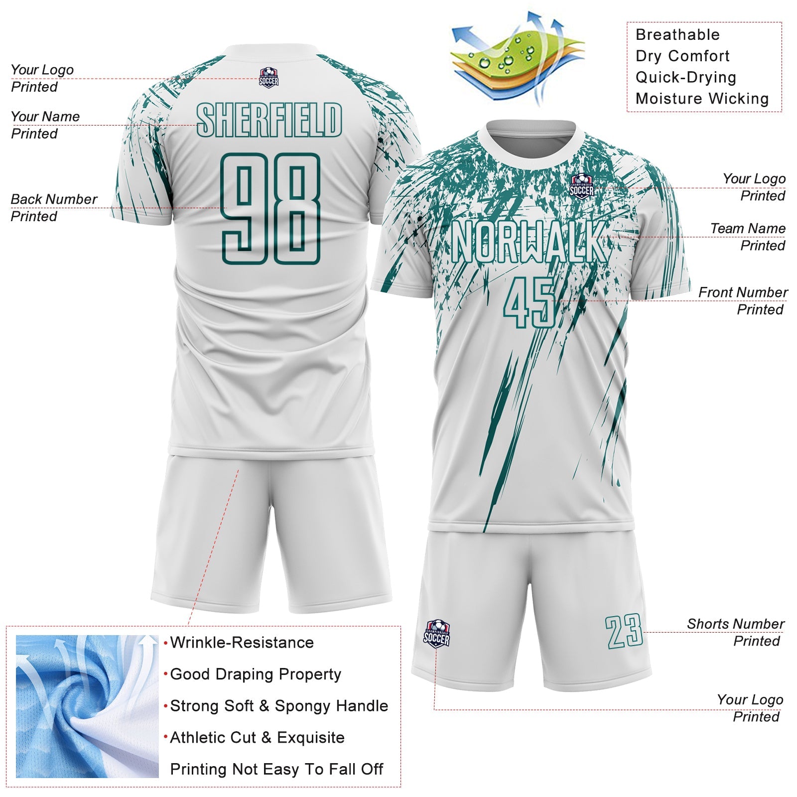 Custom White Teal Splash Sports Sublimation Soccer Uniform Jersey