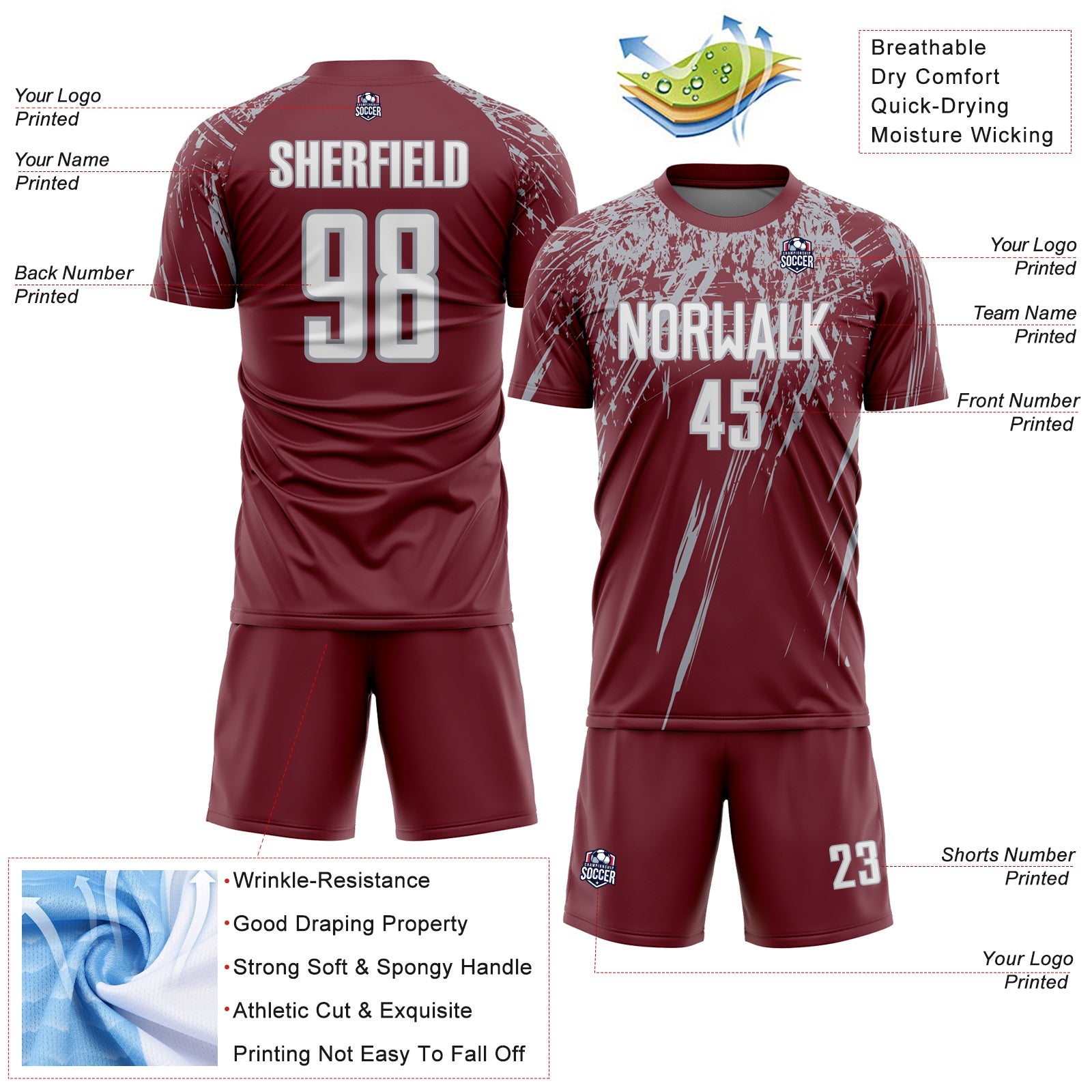 Custom Burgundy White-Gray Splash Sports Sublimation Soccer Uniform Jersey