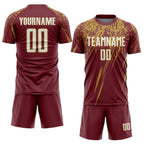 Custom Burgundy White-Old Gold Splash Sports Sublimation Soccer Uniform Jersey