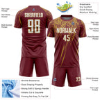 Custom Burgundy White-Old Gold Splash Sports Sublimation Soccer Uniform Jersey