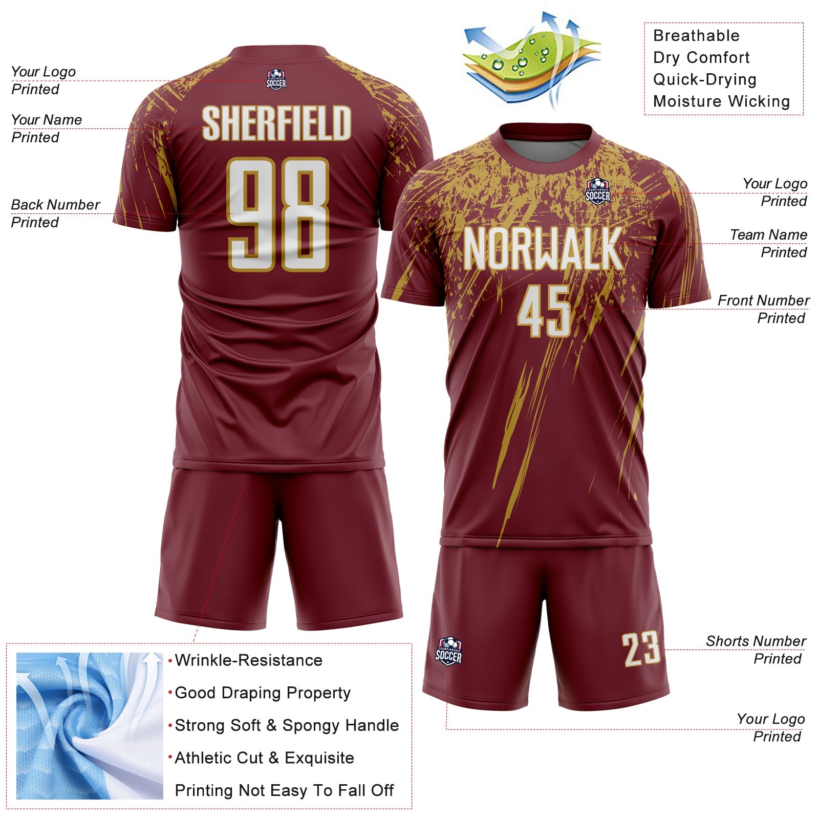 Custom Burgundy White-Old Gold Splash Sports Sublimation Soccer Uniform Jersey