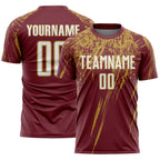 Custom Burgundy White-Old Gold Splash Sports Sublimation Soccer Uniform Jersey