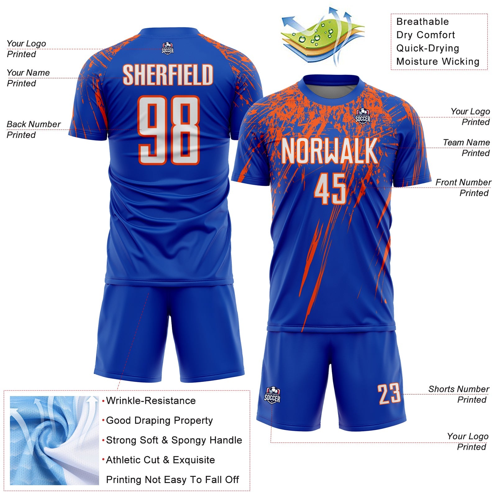 Custom Thunder Blue White-Orange Splash Sports Sublimation Soccer Uniform Jersey