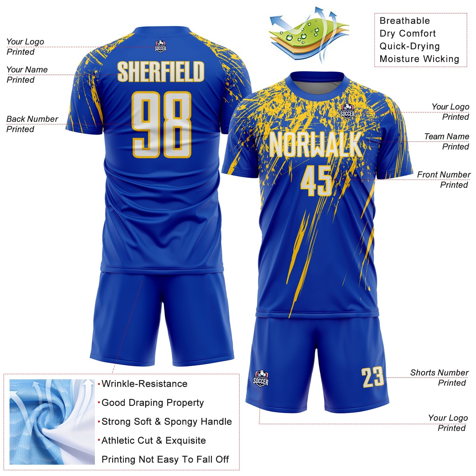 Custom Thunder Blue White-Yellow Splash Sports Sublimation Soccer Uniform Jersey