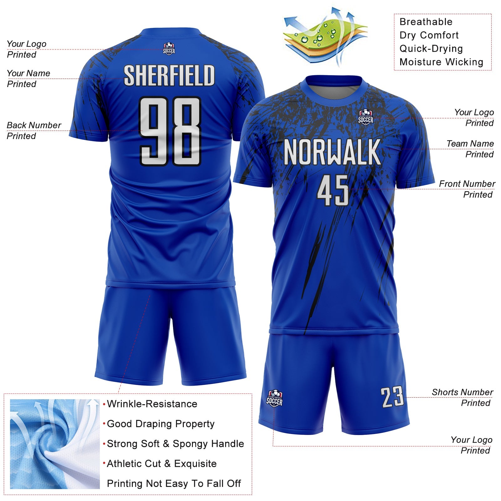 Custom Thunder Blue White-Black Splash Sports Sublimation Soccer Uniform Jersey