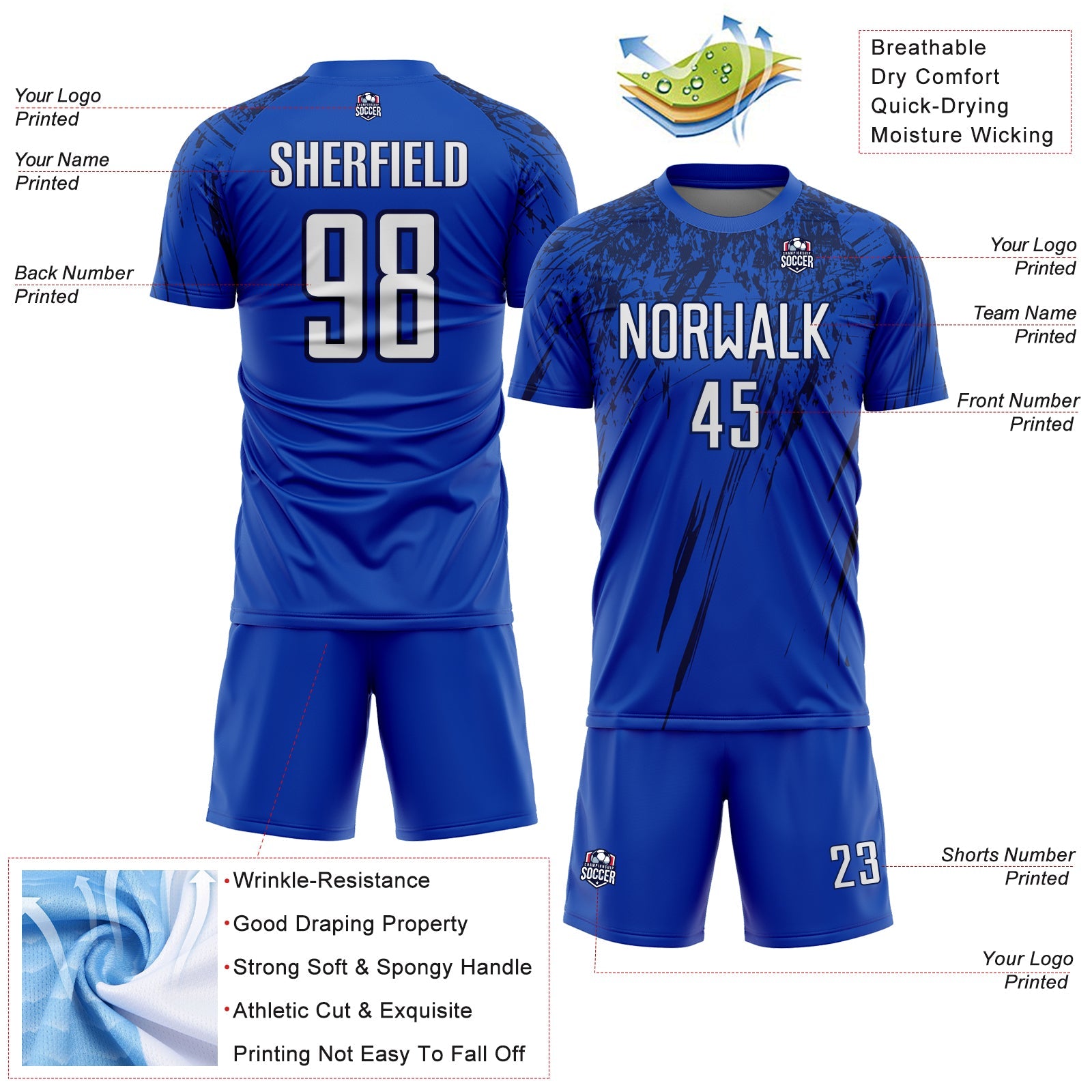 Custom Thunder Blue White-Navy Splash Sports Sublimation Soccer Uniform Jersey