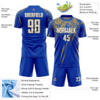 Custom Thunder Blue White-Old Gold Splash Sports Sublimation Soccer Uniform Jersey