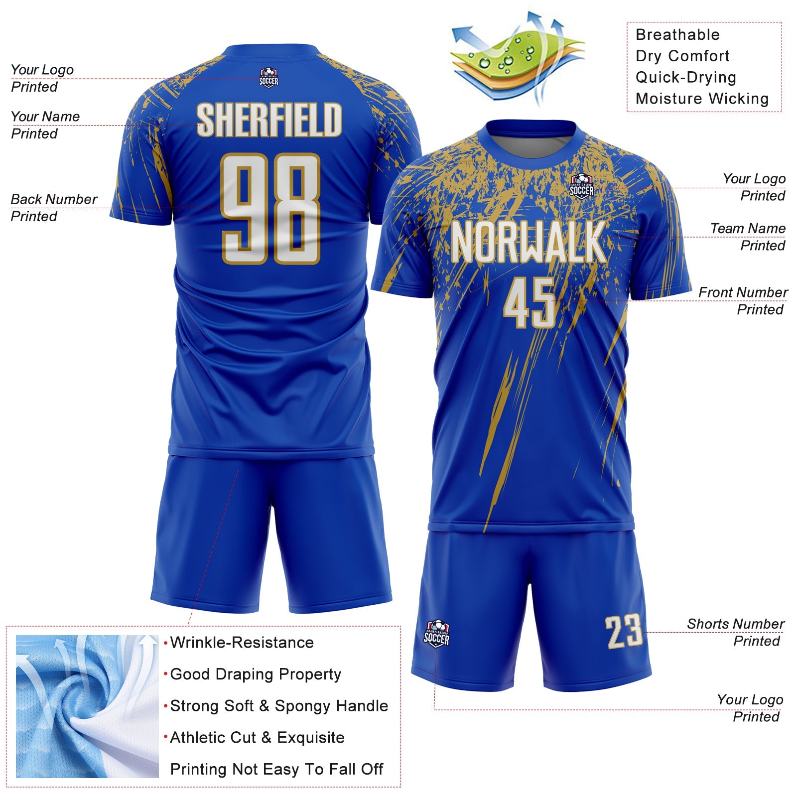 Custom Thunder Blue White-Old Gold Splash Sports Sublimation Soccer Uniform Jersey
