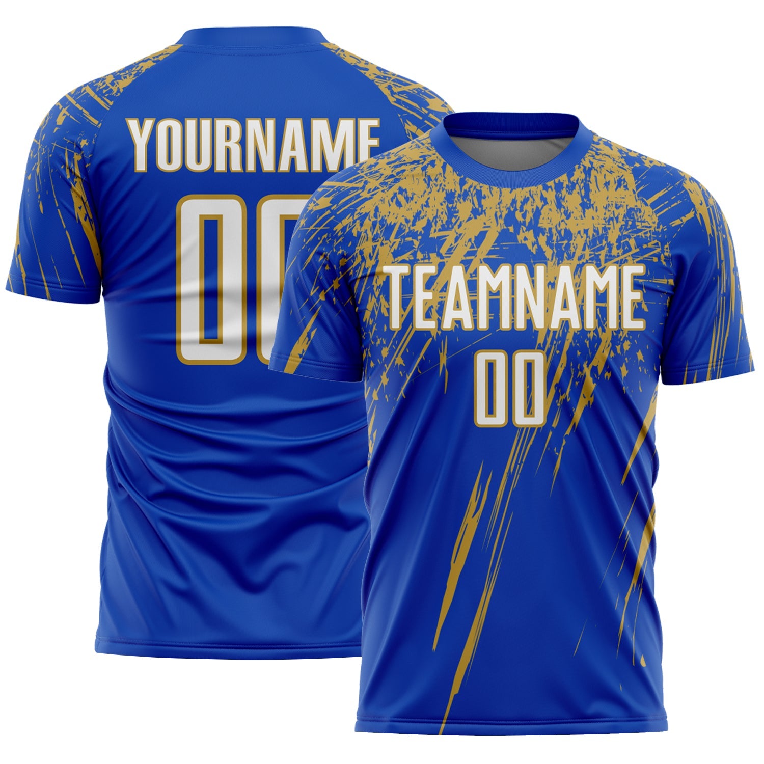 Custom Thunder Blue White-Old Gold Splash Sports Sublimation Soccer Uniform Jersey