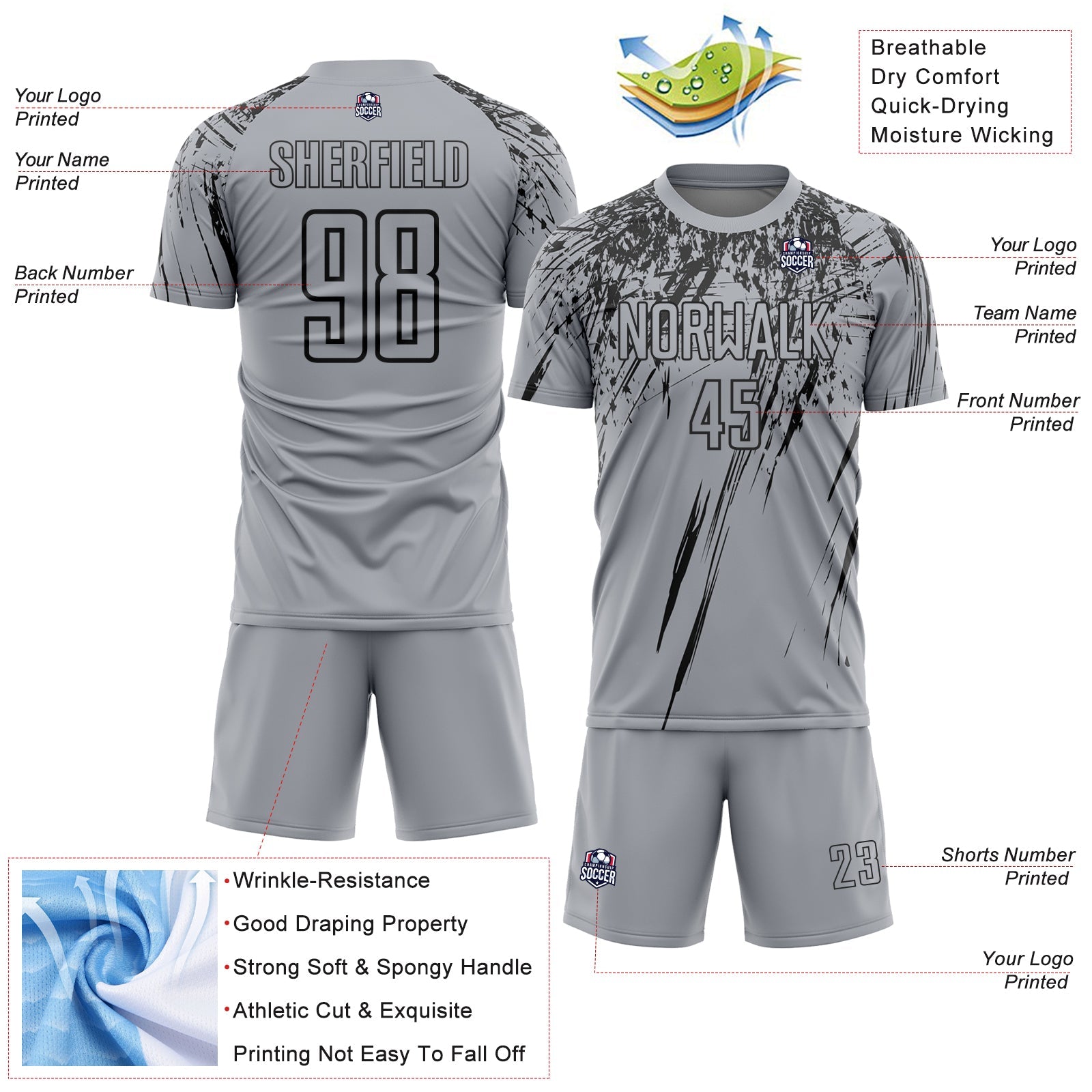 Custom Gray Black Splash Sports Sublimation Soccer Uniform Jersey