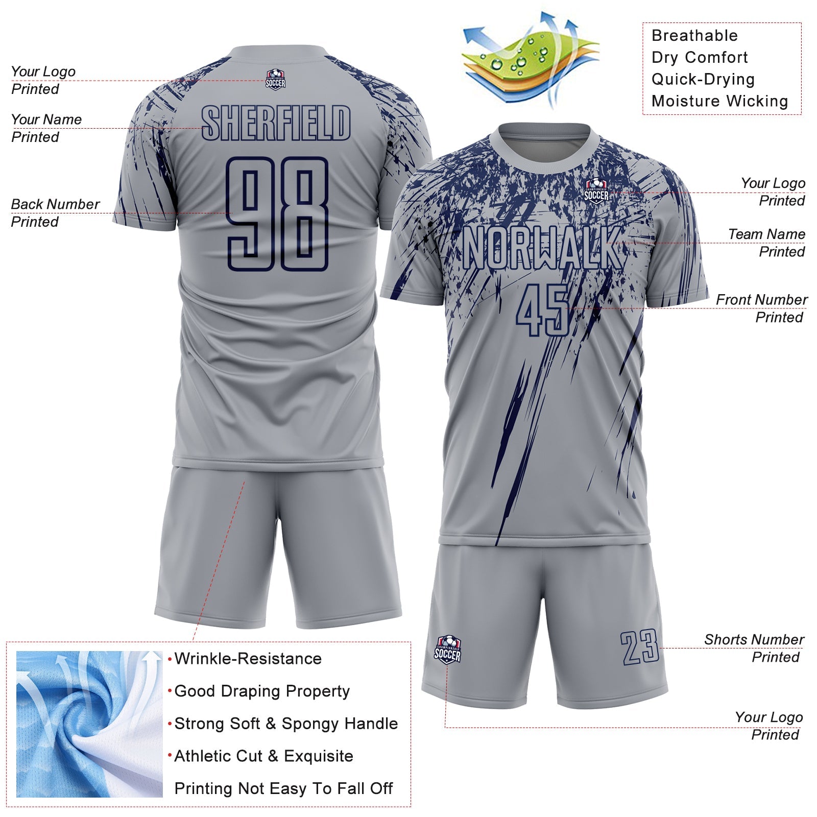 Custom Gray Navy Splash Sports Sublimation Soccer Uniform Jersey