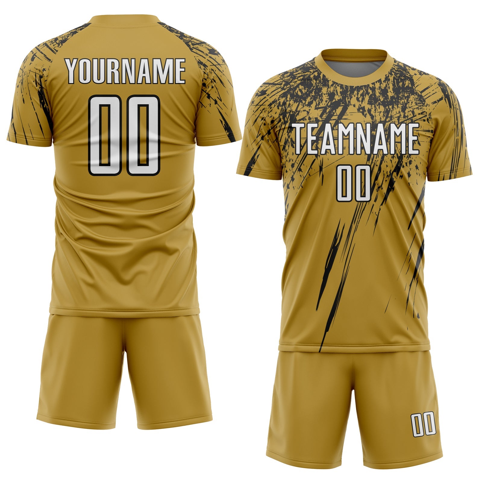 Custom Old Gold White-Black Splash Sports Sublimation Soccer Uniform Jersey