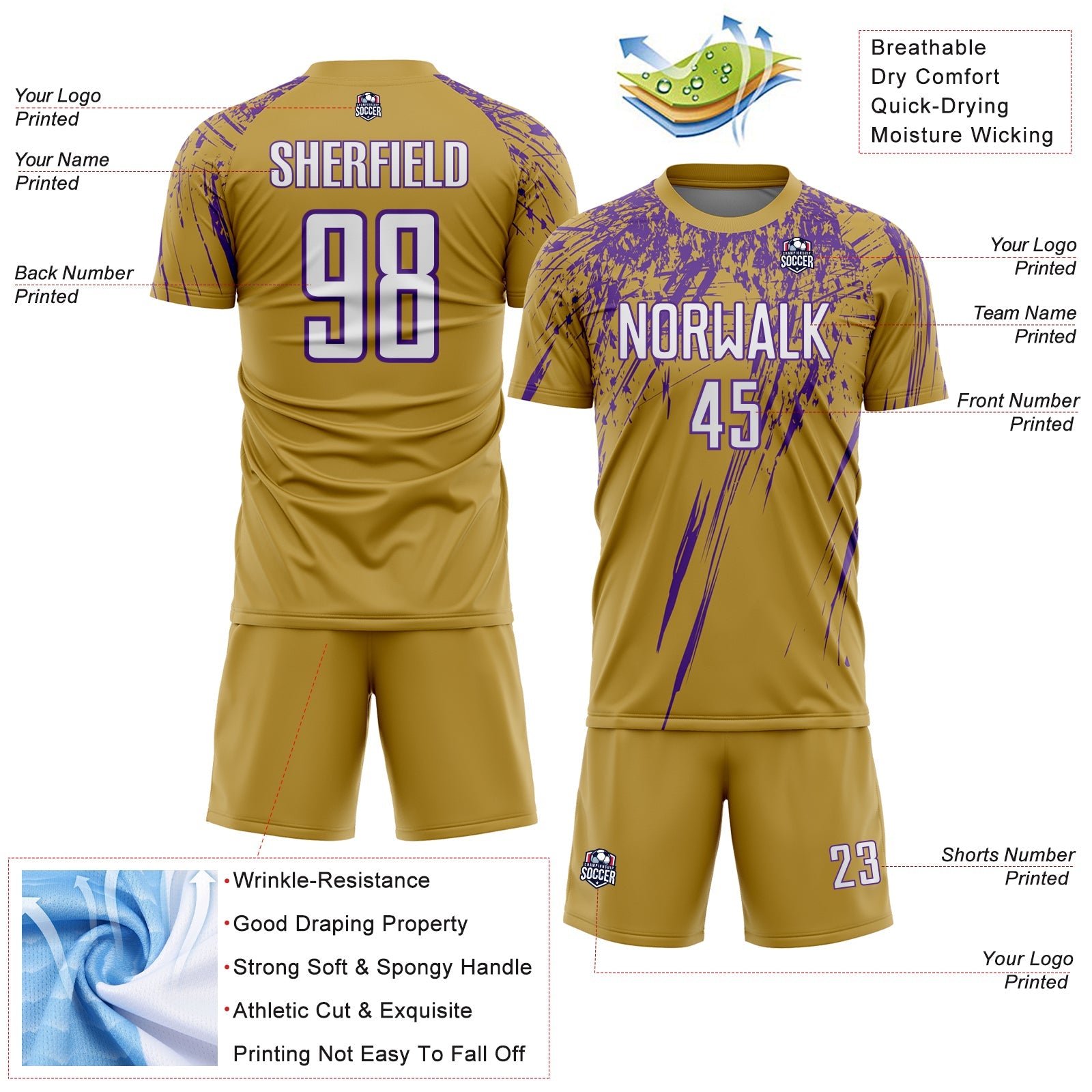 Custom Old Gold White-Purple Splash Sports Sublimation Soccer Uniform Jersey