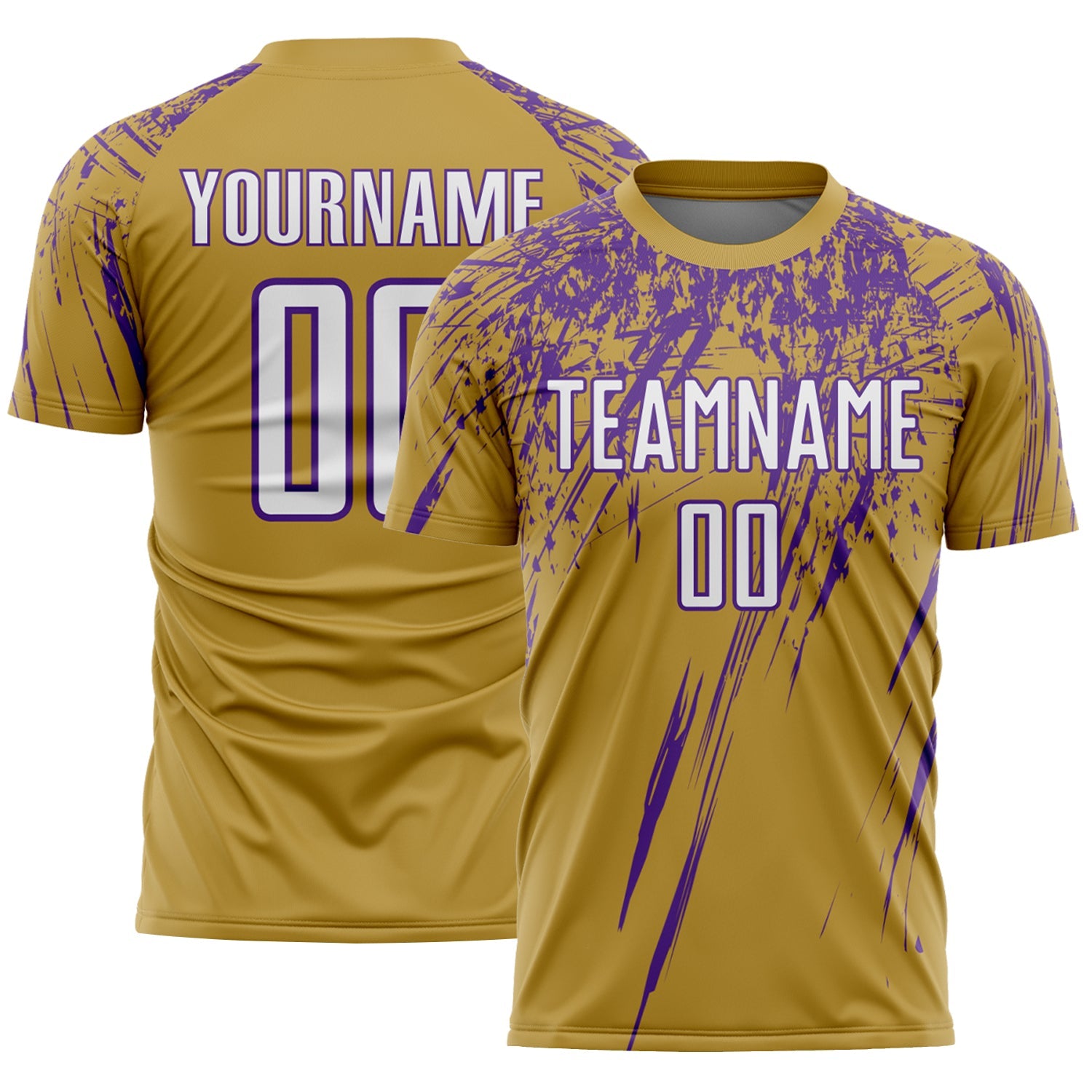 Custom Old Gold White-Purple Splash Sports Sublimation Soccer Uniform Jersey