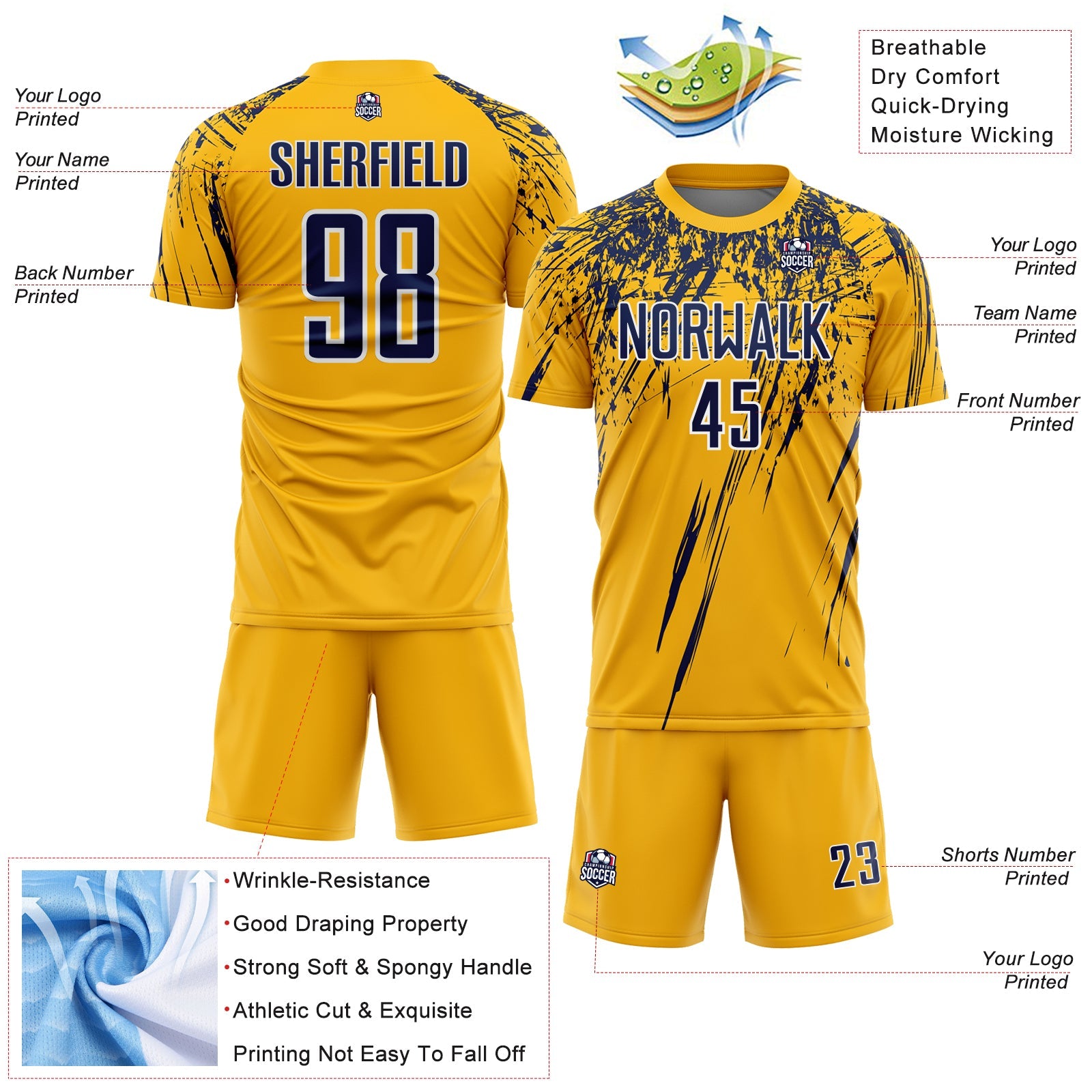 Custom Gold Navy-White Splash Sports Sublimation Soccer Uniform Jersey