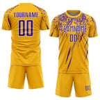 Custom Gold Purple-White Splash Sports Sublimation Soccer Uniform Jersey