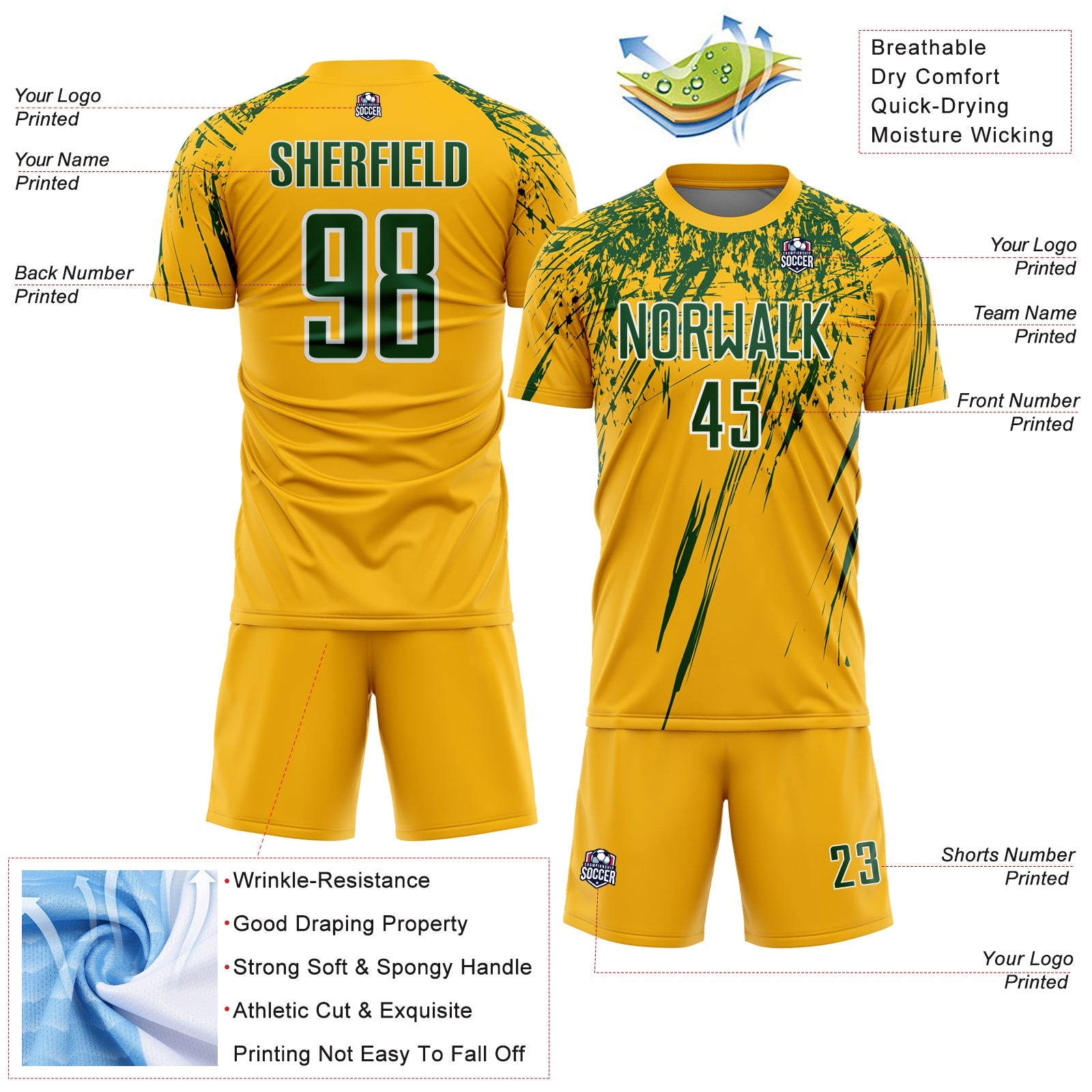 Custom Gold Green-White Splash Sports Sublimation Soccer Uniform Jersey