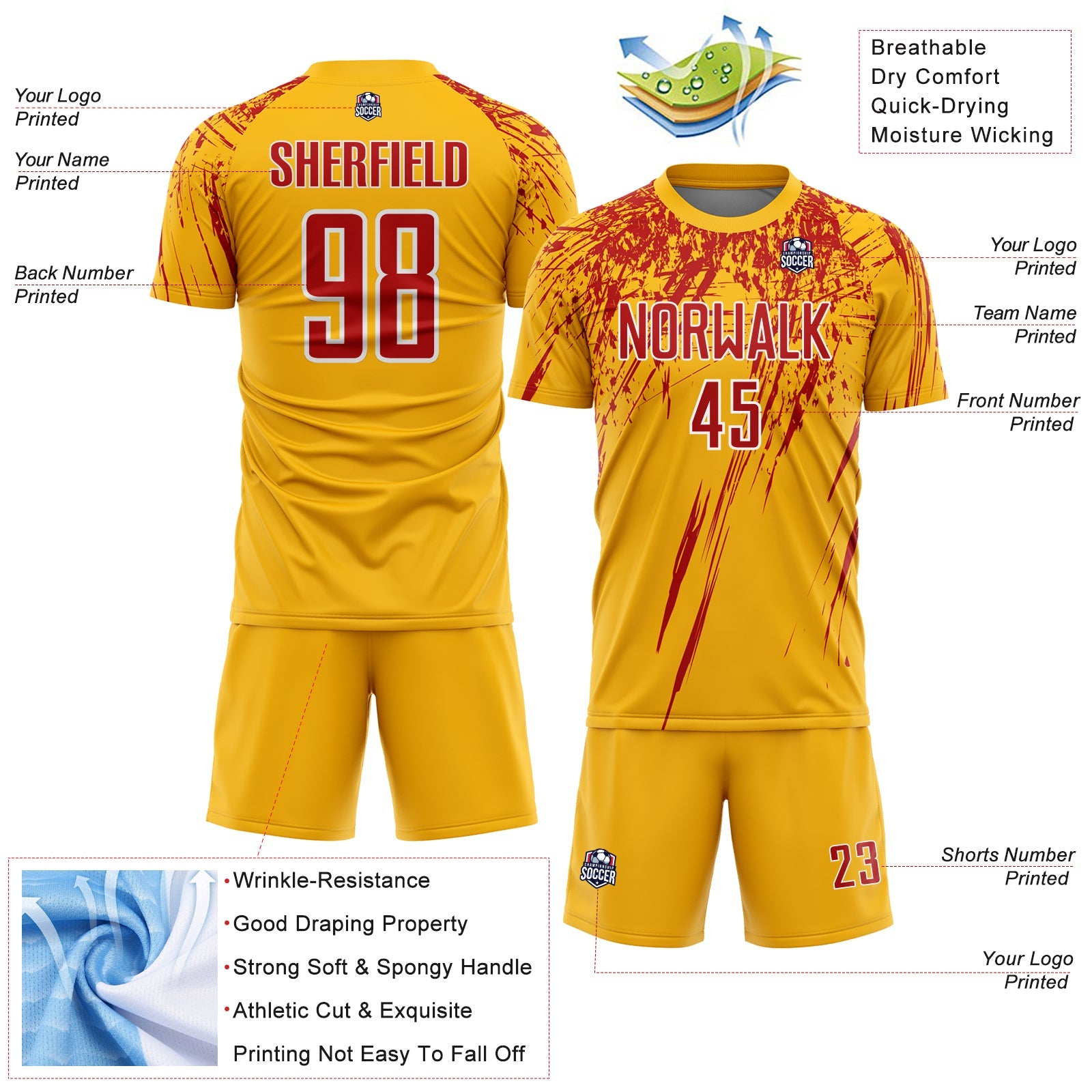 Custom Gold Red-White Splash Sports Sublimation Soccer Uniform Jersey