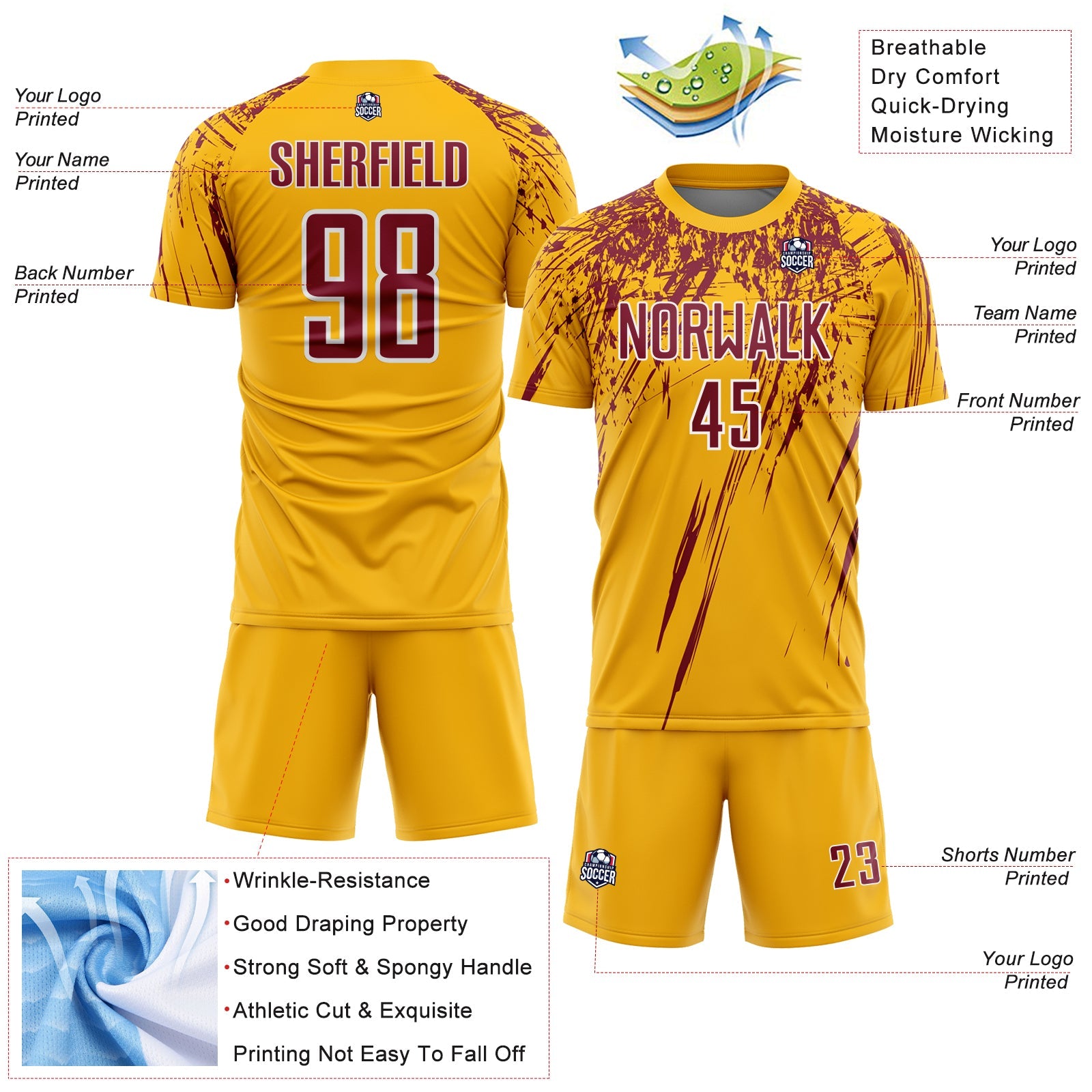 Custom Gold Crimson-White Splash Sports Sublimation Soccer Uniform Jersey