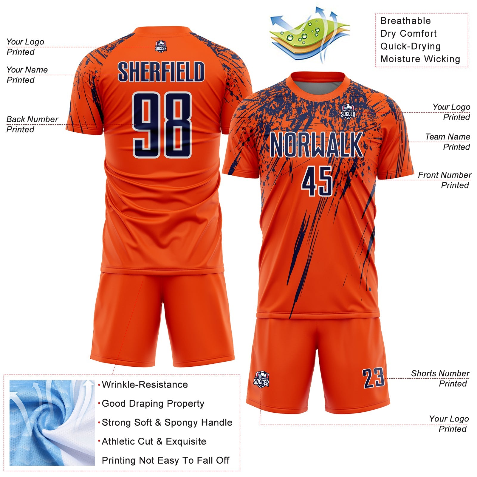 Custom Orange Navy-White Splash Sports Sublimation Soccer Uniform Jersey