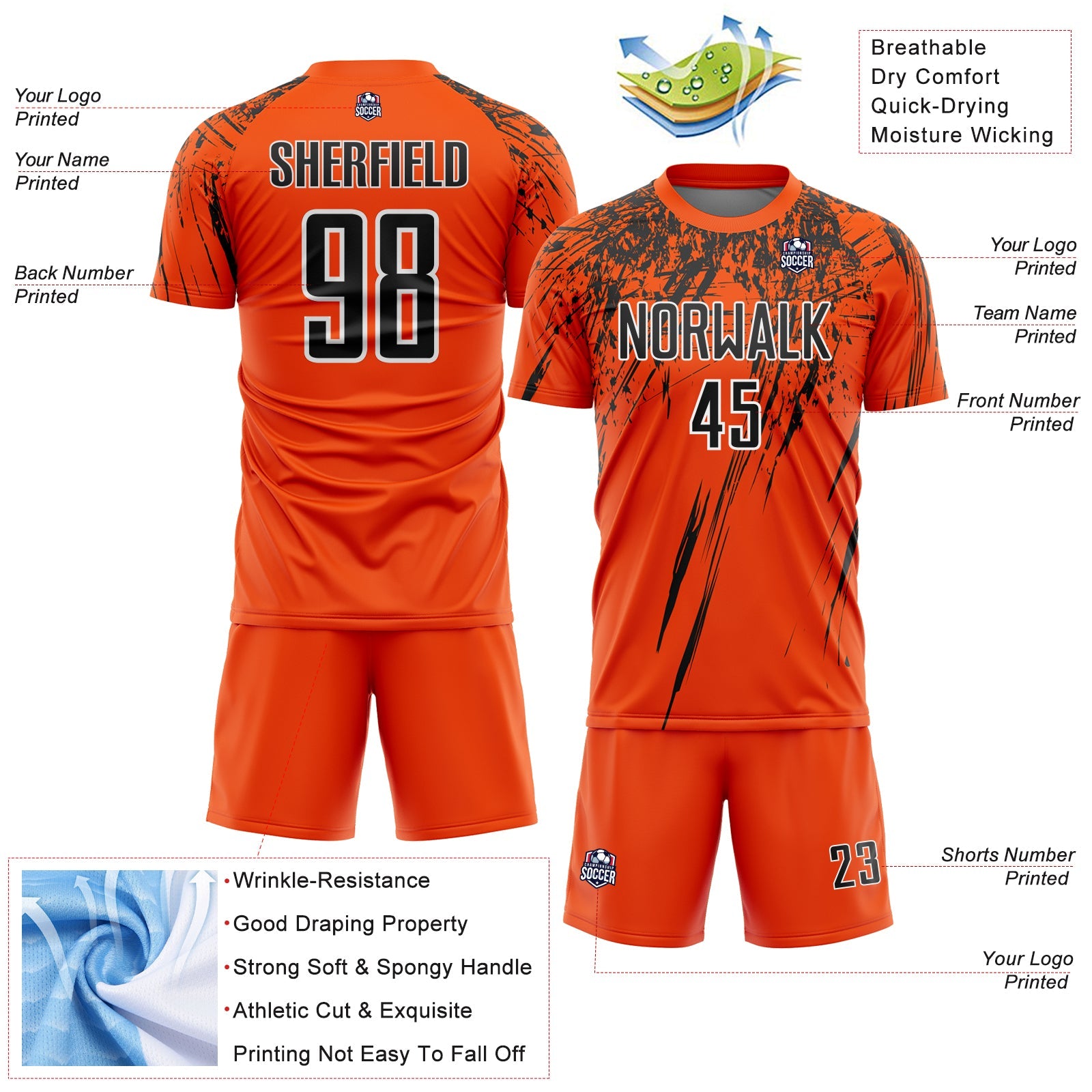 Custom Orange Black-White Splash Sports Sublimation Soccer Uniform Jersey