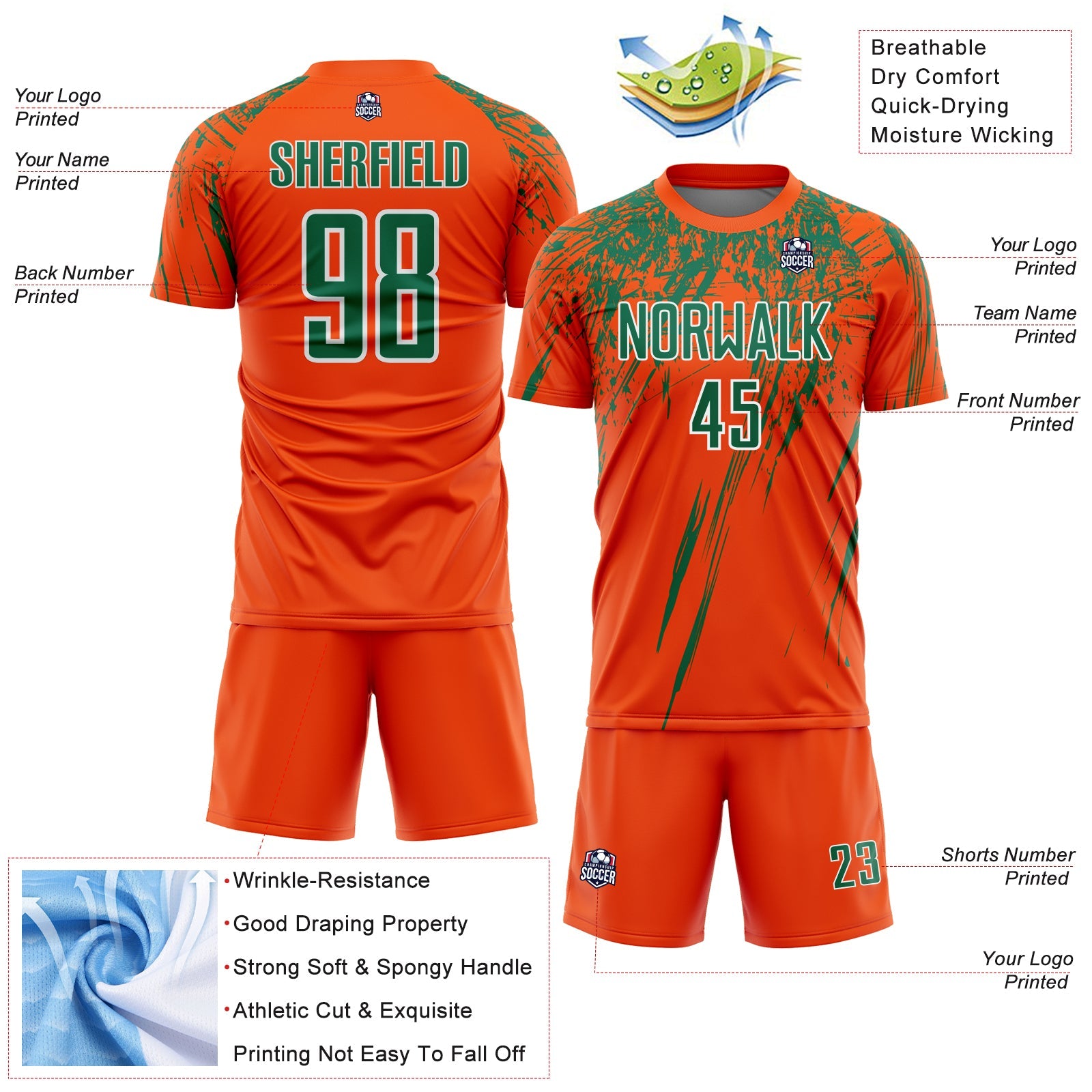 Custom Orange Kelly Green-White Splash Sports Sublimation Soccer Uniform Jersey