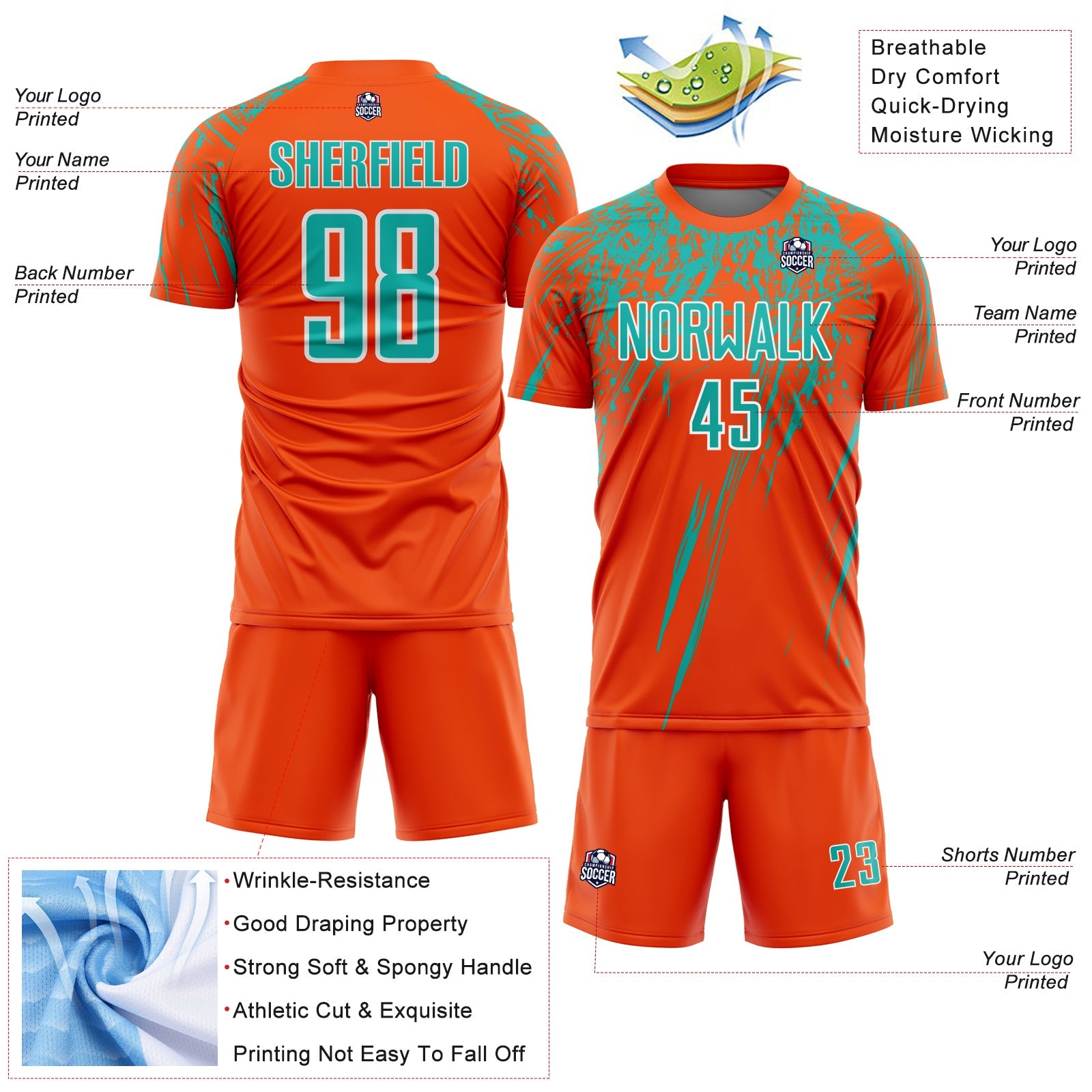 Custom Orange Aqua-White Splash Sports Sublimation Soccer Uniform Jersey