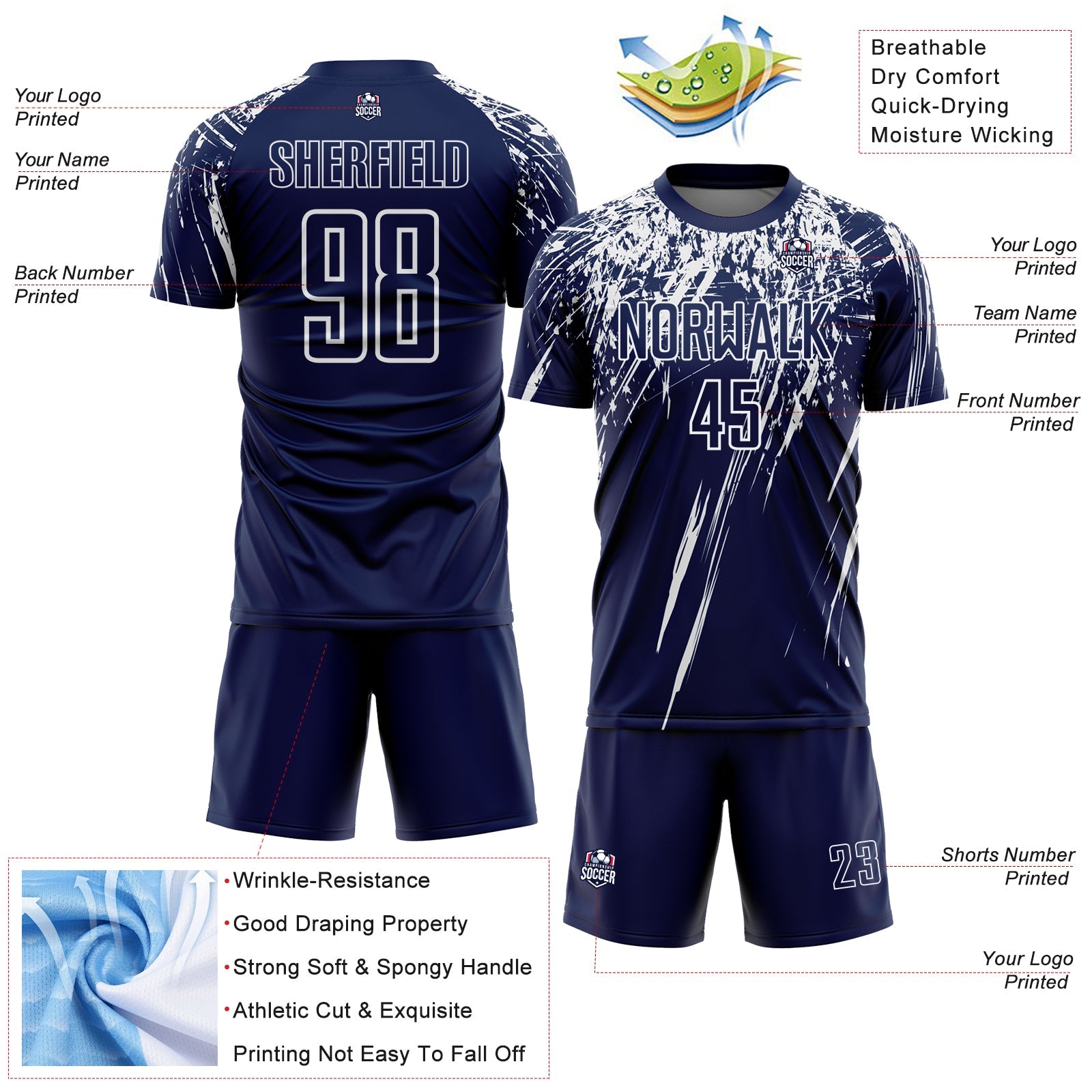 Custom Navy White Splash Sports Sublimation Soccer Uniform Jersey