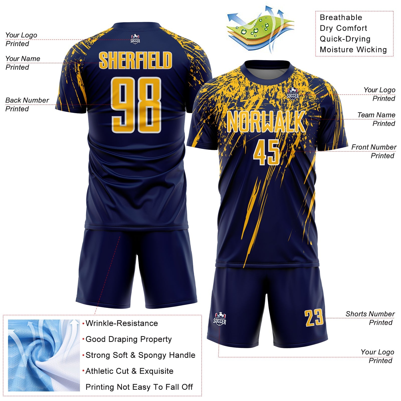 Custom Navy Gold-White Splash Sports Sublimation Soccer Uniform Jersey