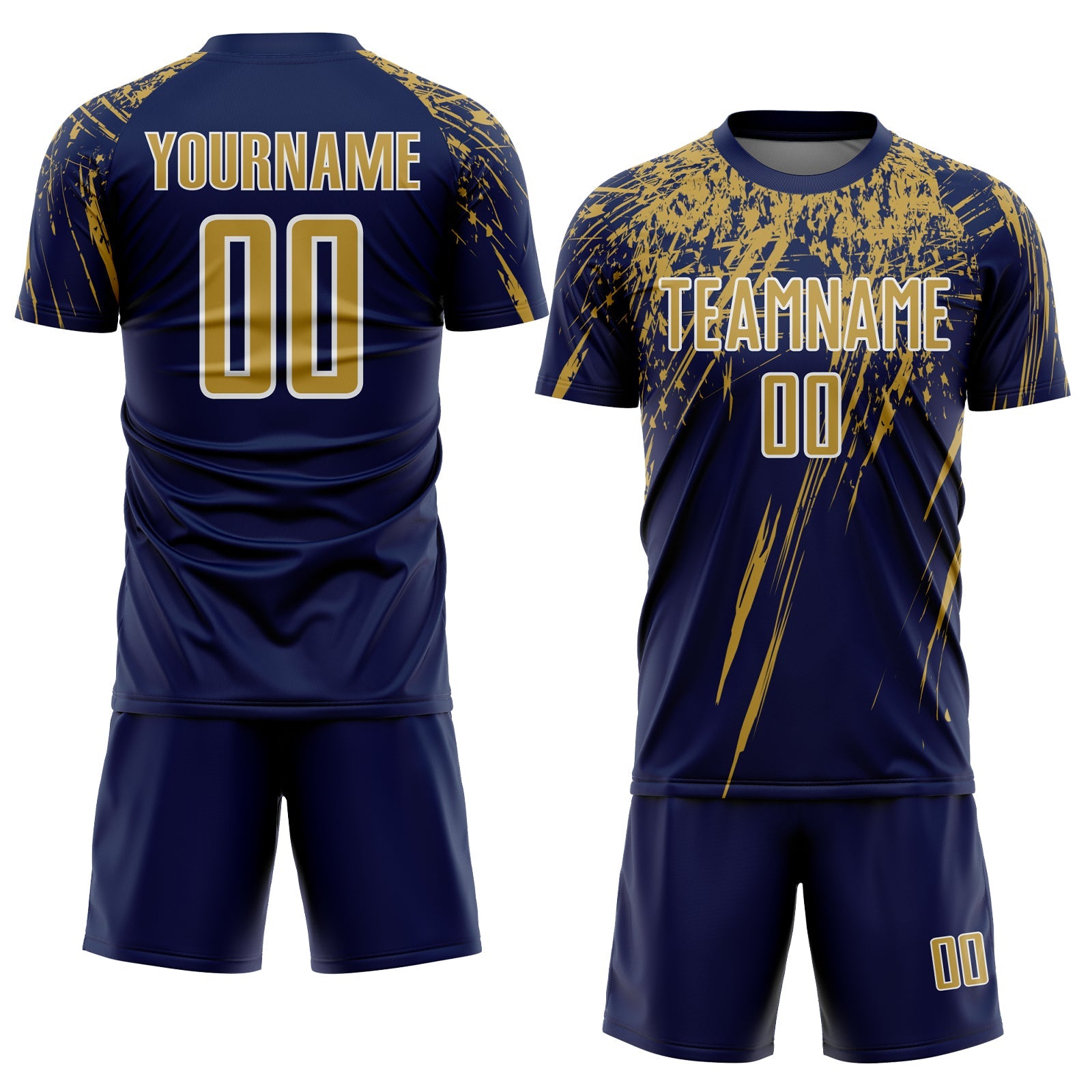 Custom Navy Old Gold-White Splash Sports Sublimation Soccer Uniform Jersey