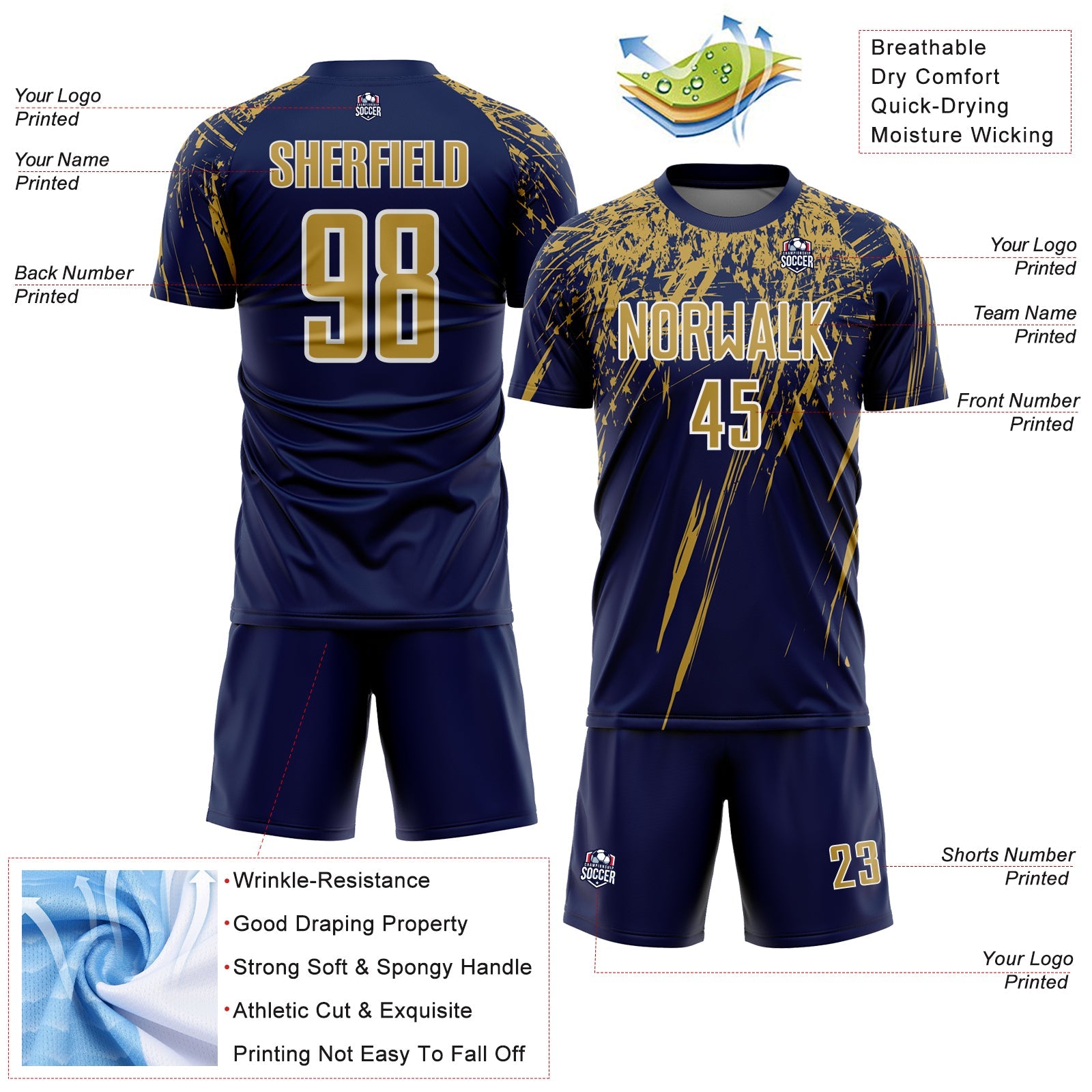 Custom Navy Old Gold-White Splash Sports Sublimation Soccer Uniform Jersey