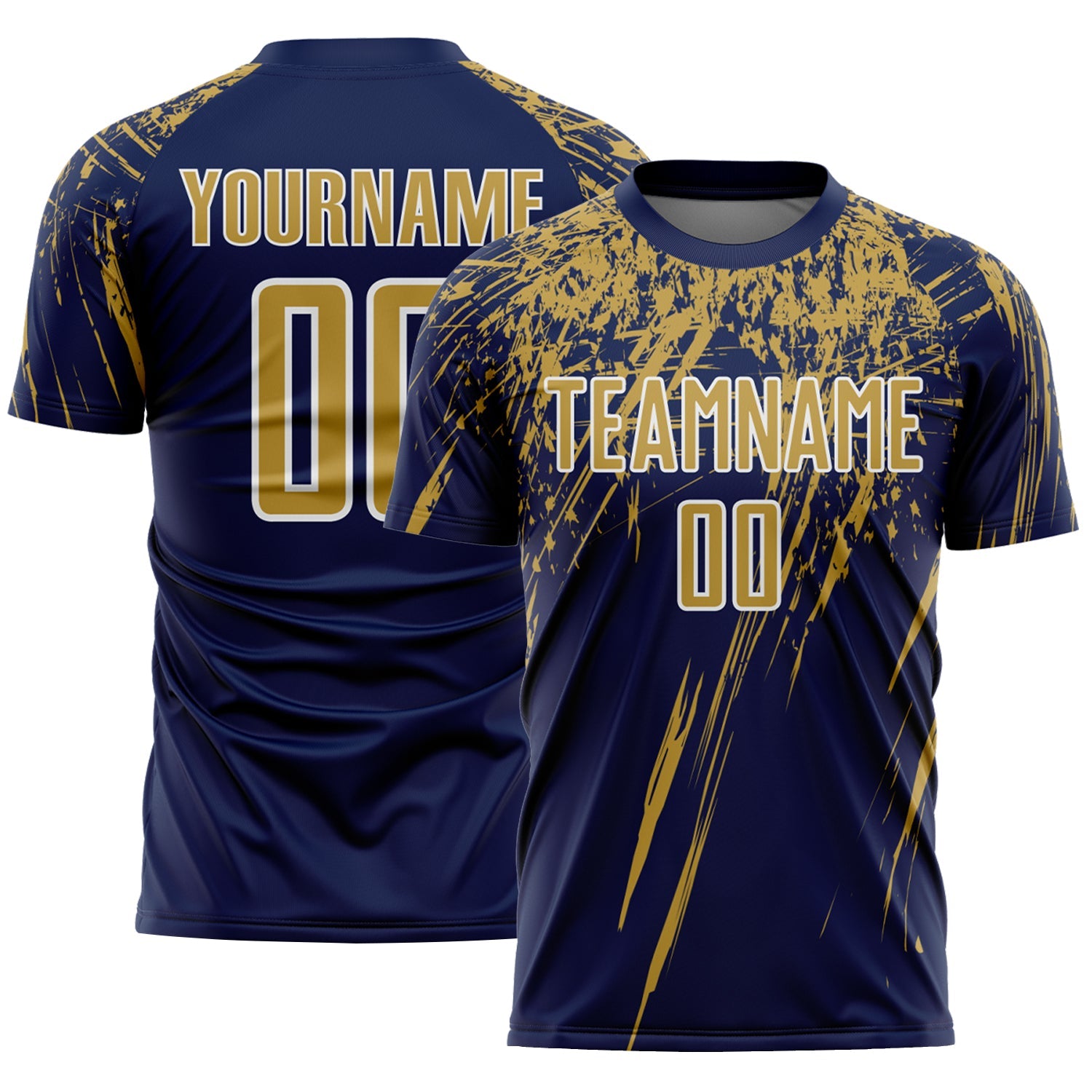 Custom Navy Old Gold-White Splash Sports Sublimation Soccer Uniform Jersey