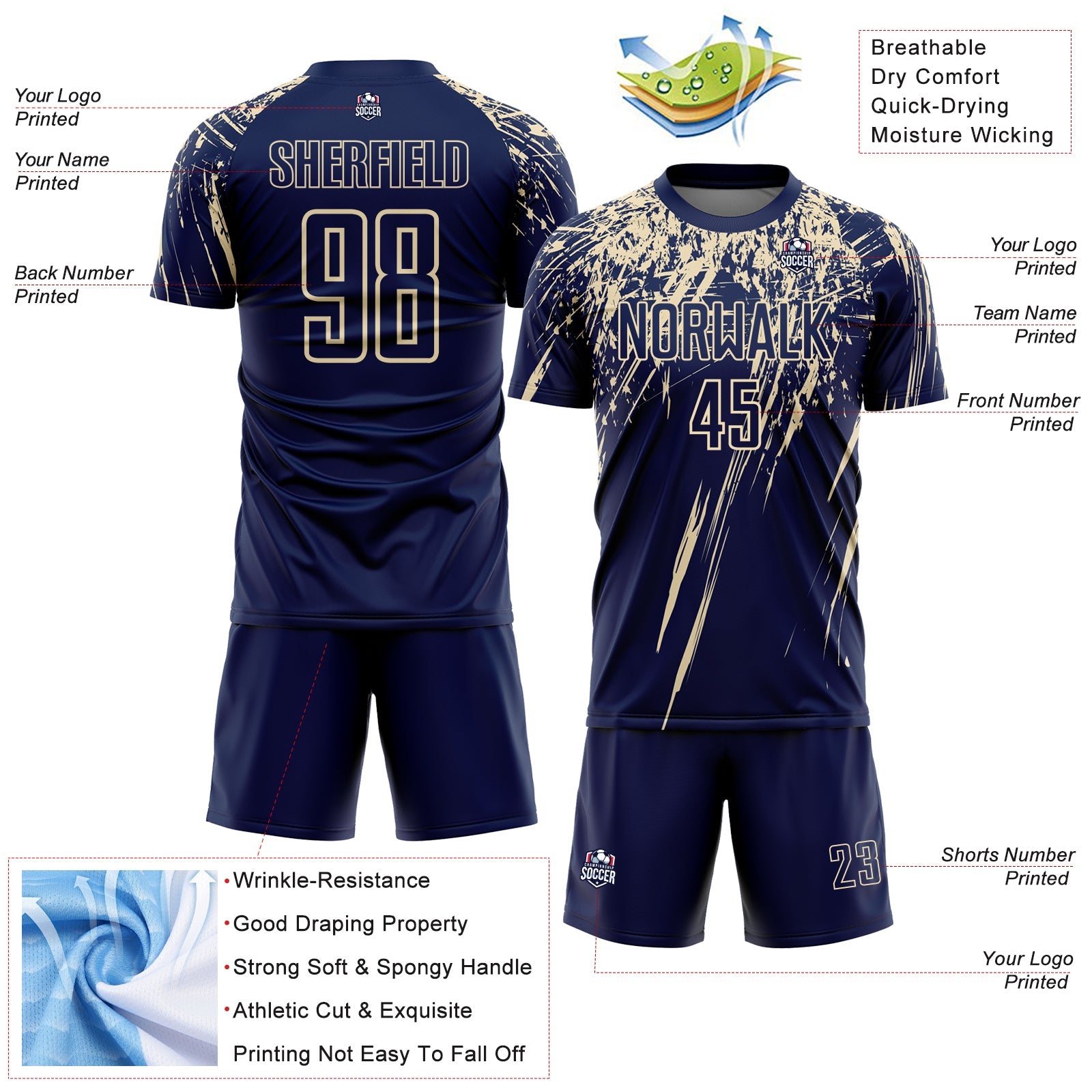 Custom Navy Cream Splash Sports Sublimation Soccer Uniform Jersey