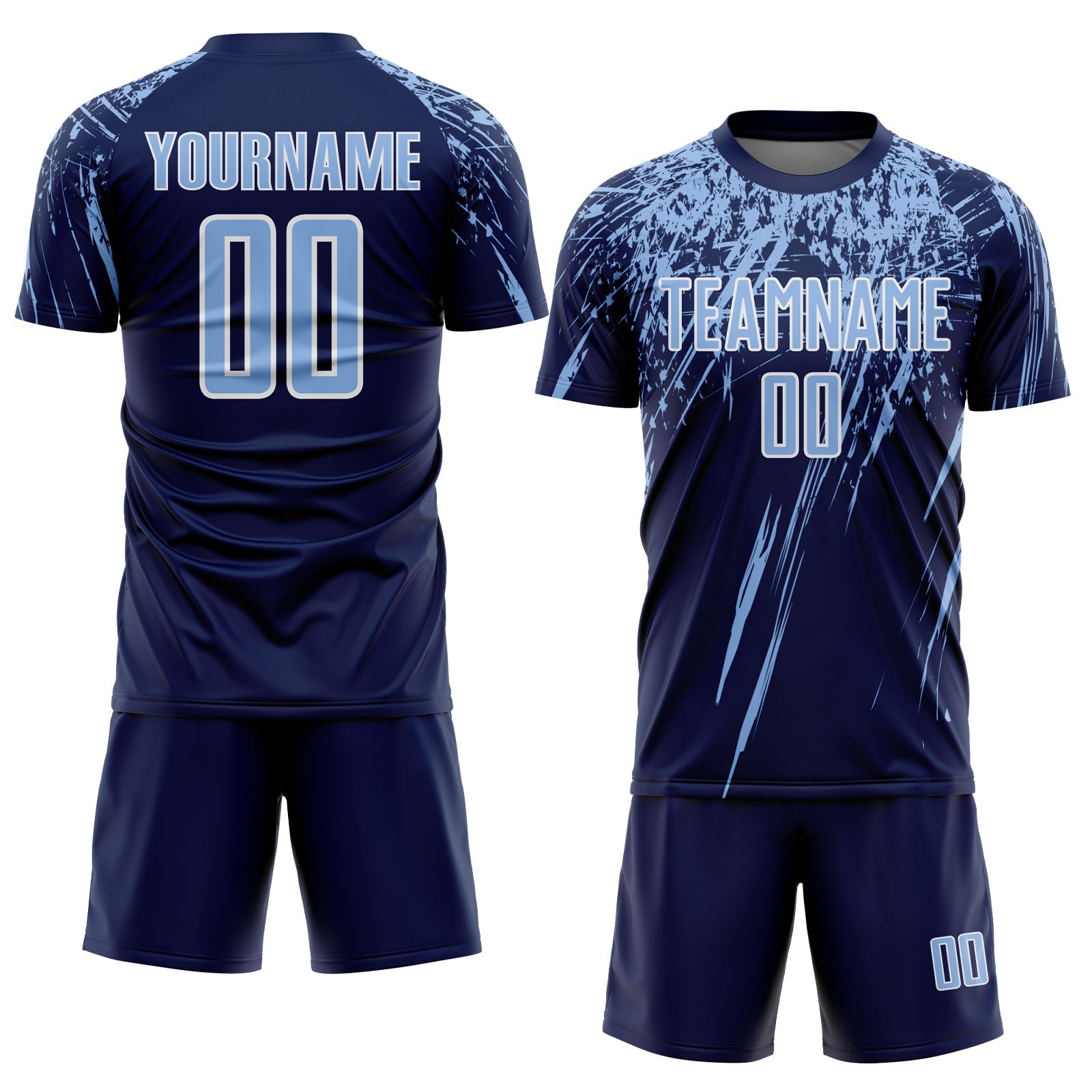 Custom Navy Light Blue-White Splash Sports Sublimation Soccer Uniform Jersey
