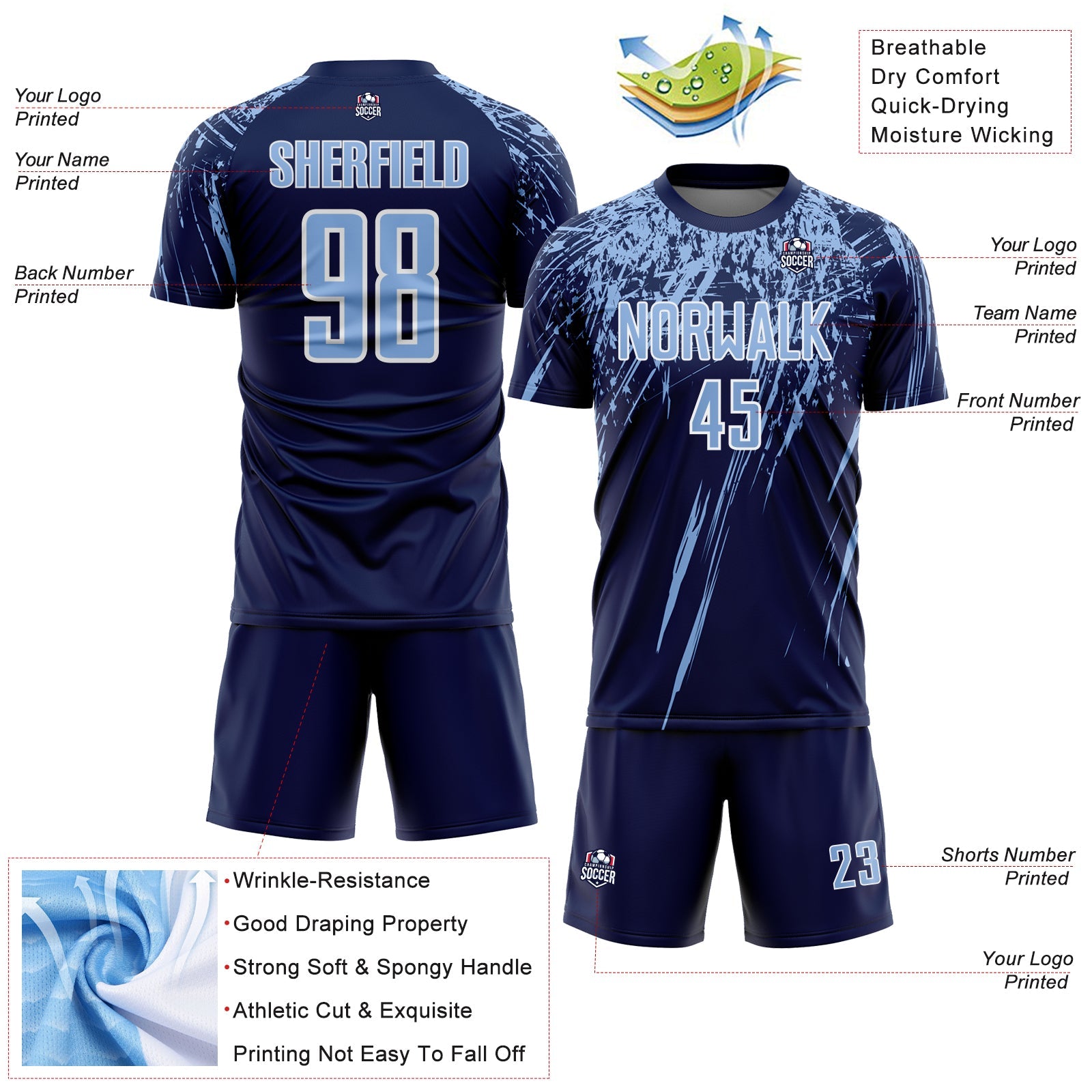 Custom Navy Light Blue-White Splash Sports Sublimation Soccer Uniform Jersey