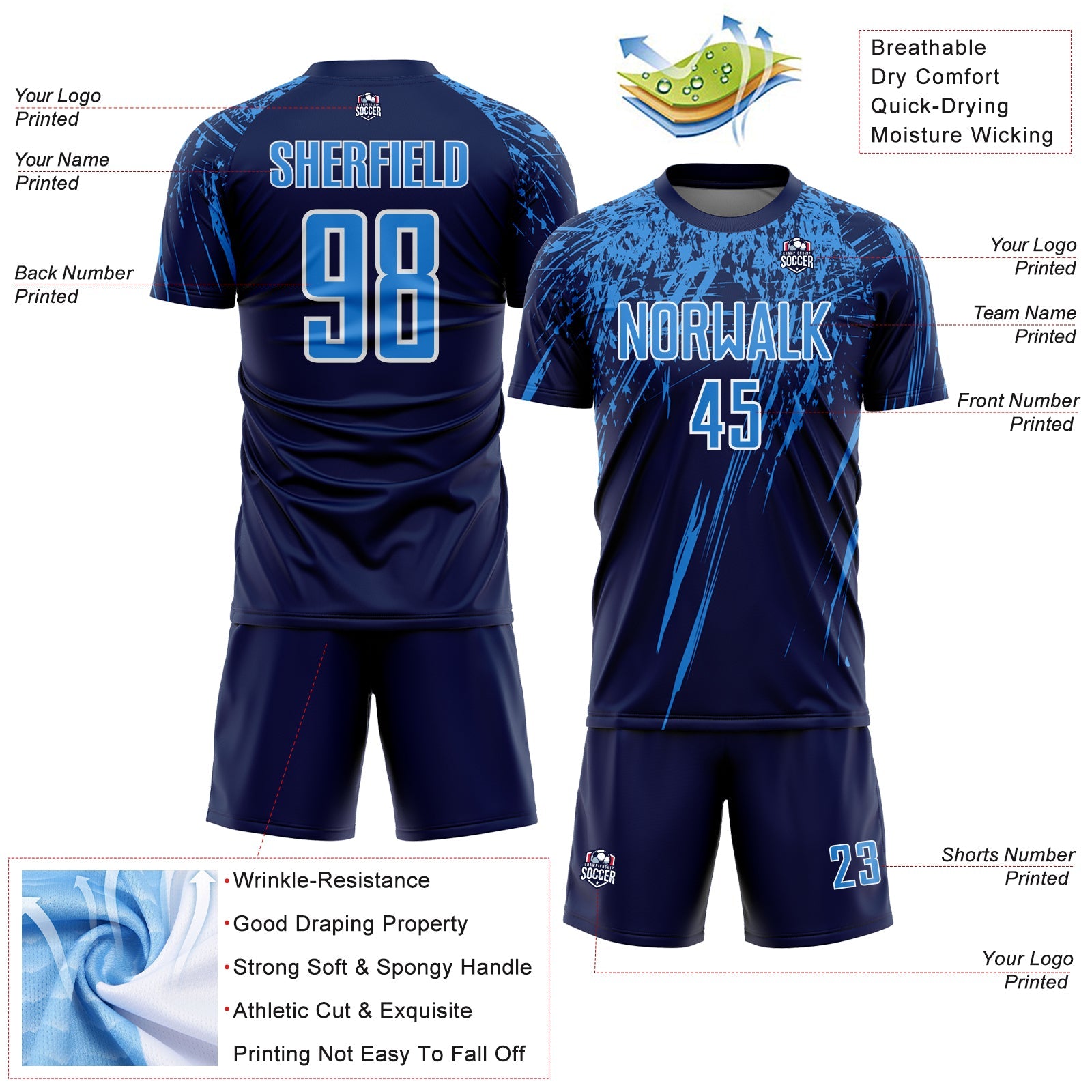 Custom Navy Powder Blue-White Splash Sports Sublimation Soccer Uniform Jersey