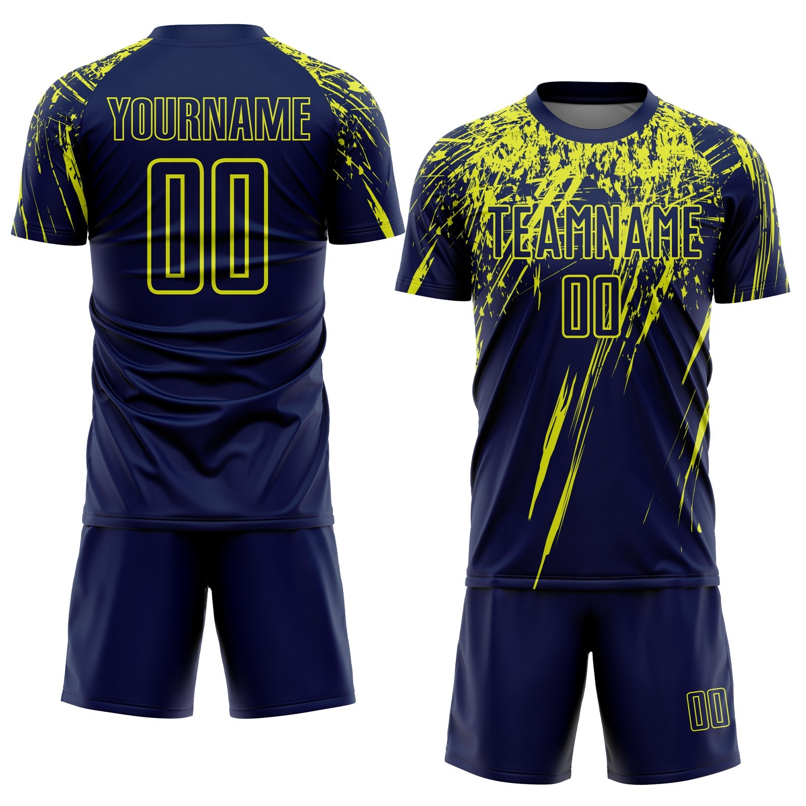 Custom Navy Neon Yellow Splash Sports Sublimation Soccer Uniform Jersey