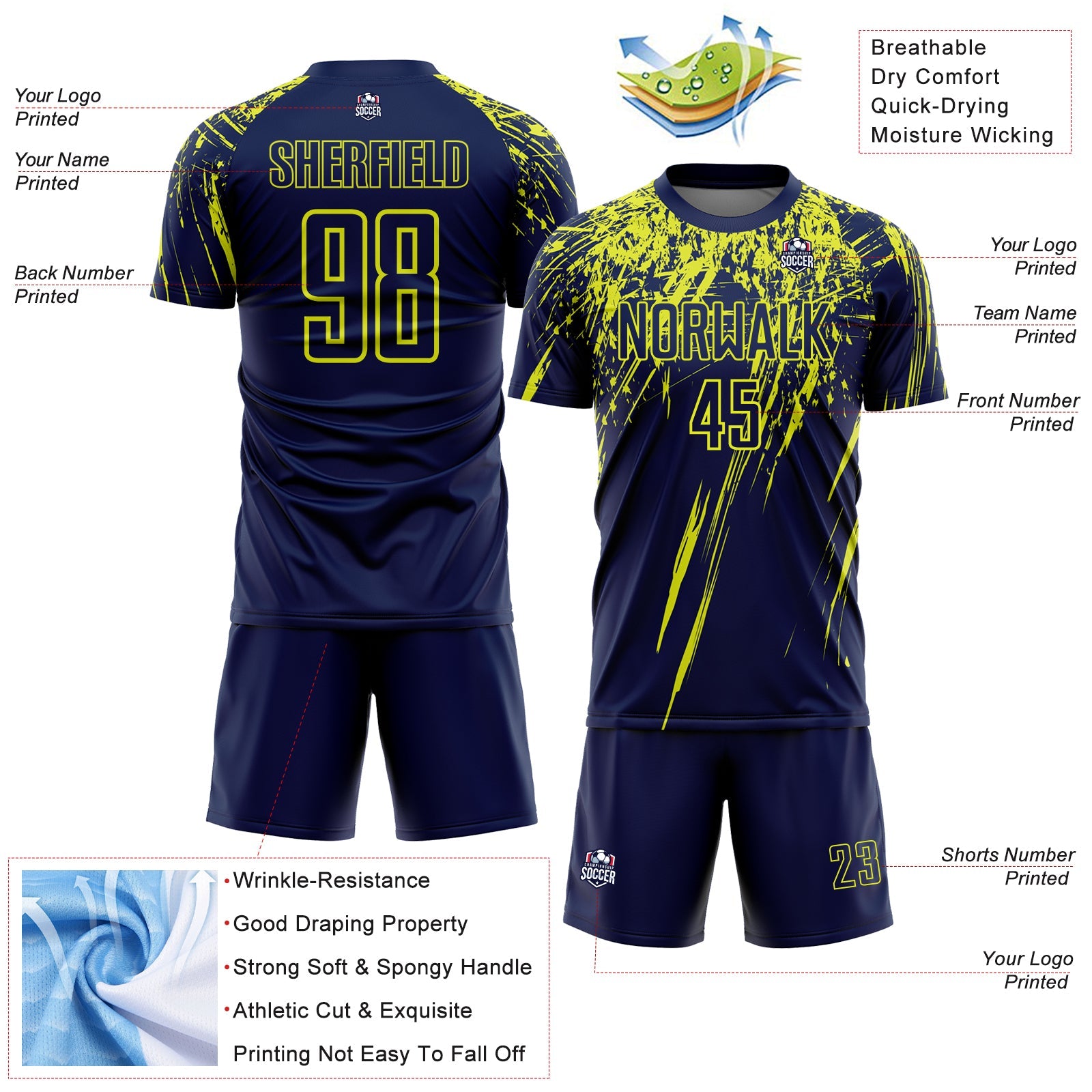 Custom Navy Neon Yellow Splash Sports Sublimation Soccer Uniform Jersey
