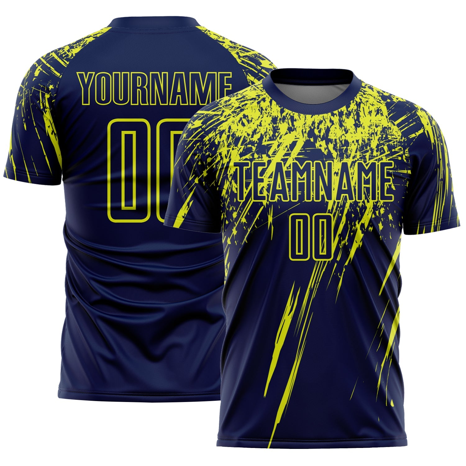 Custom Navy Neon Yellow Splash Sports Sublimation Soccer Uniform Jersey