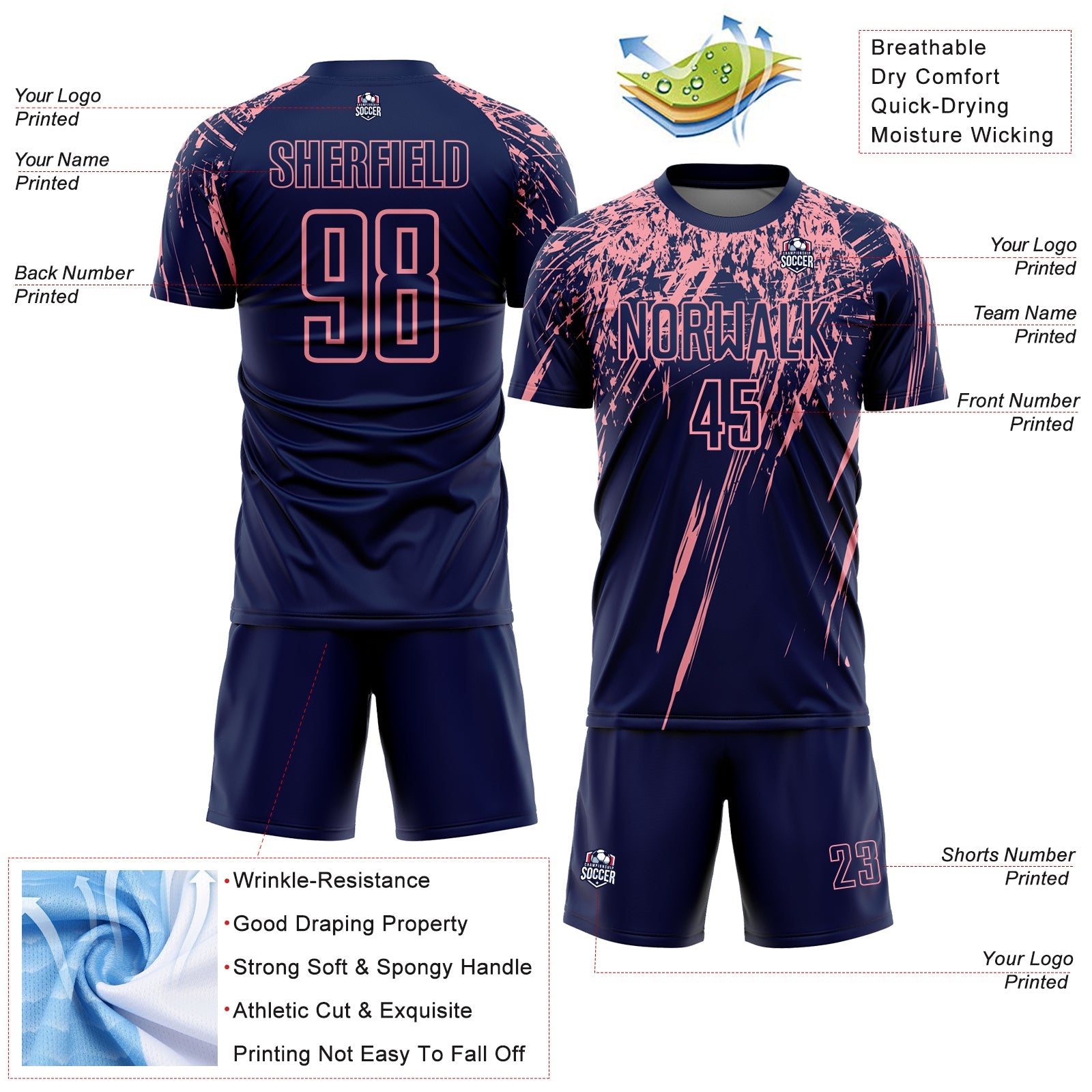 Custom Navy Medium Pink Splash Sports Sublimation Soccer Uniform Jersey