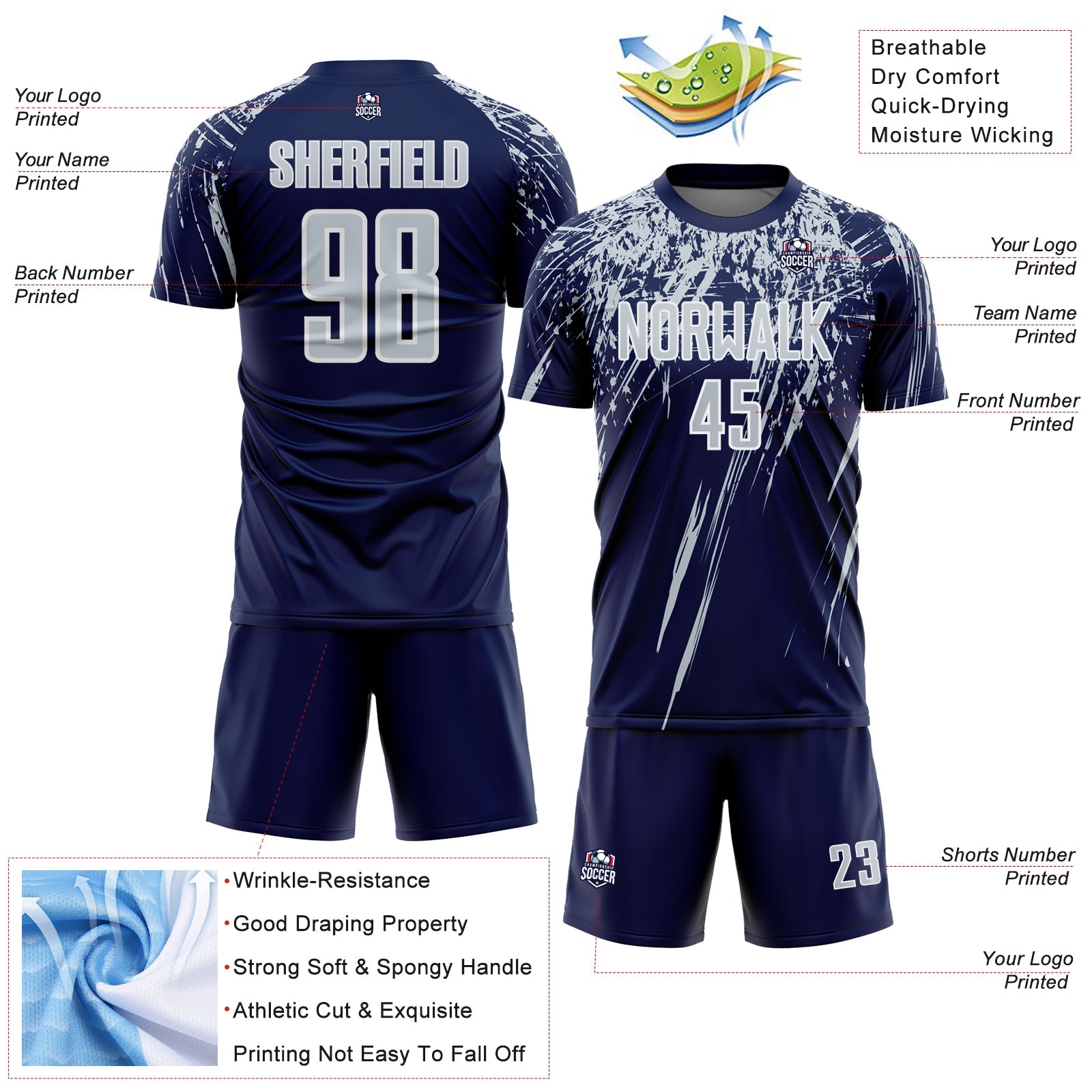 Custom Navy Silver-White Splash Sports Sublimation Soccer Uniform Jersey