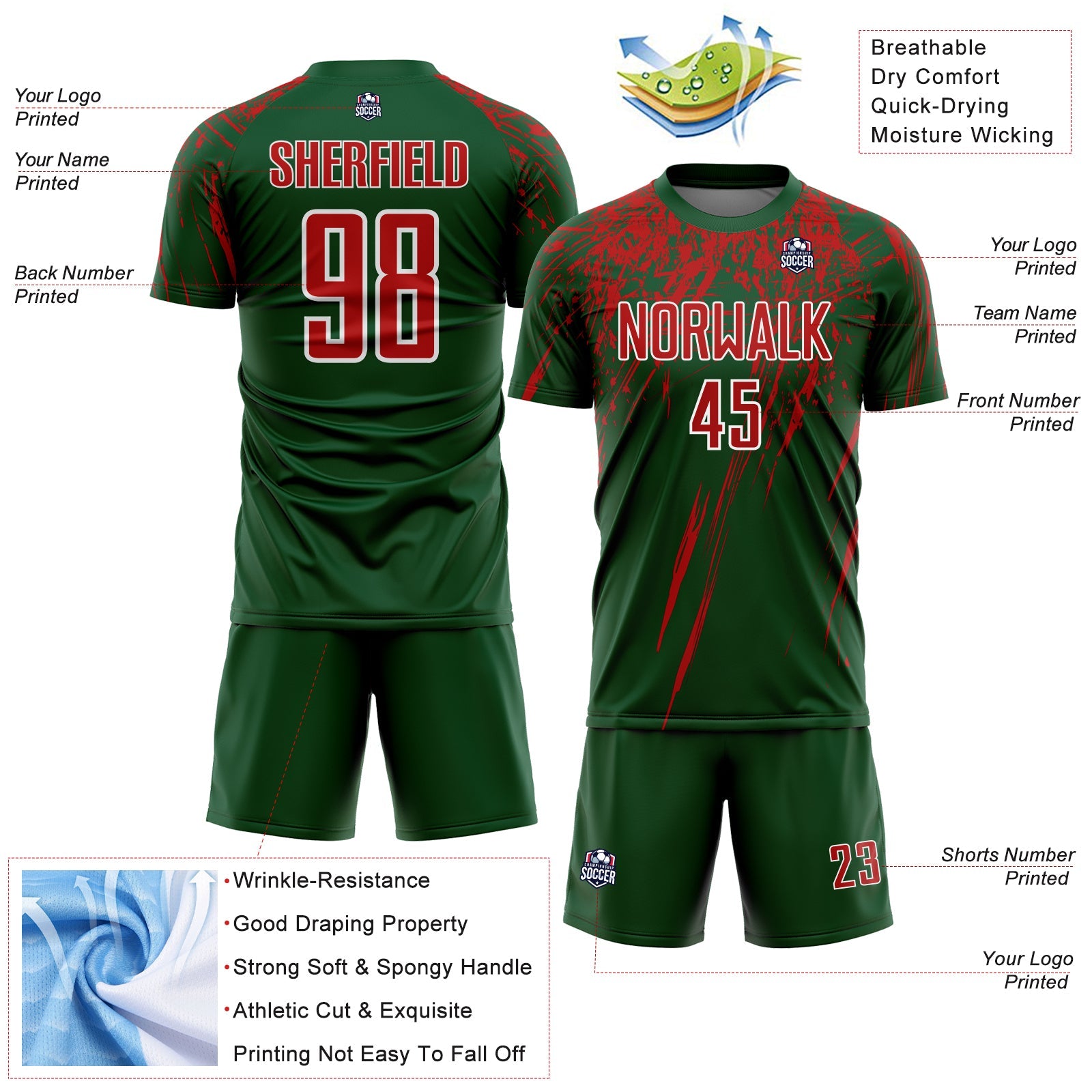 Custom Green Red-White Splash Sports Sublimation Soccer Uniform Jersey