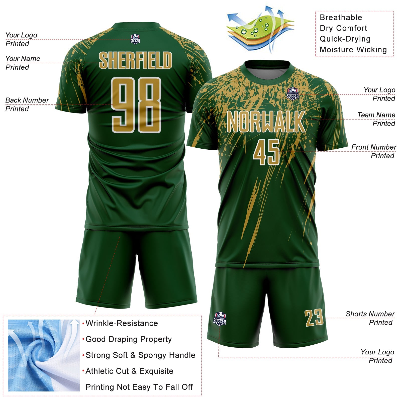 Custom Green Old Gold-White Splash Sports Sublimation Soccer Uniform Jersey