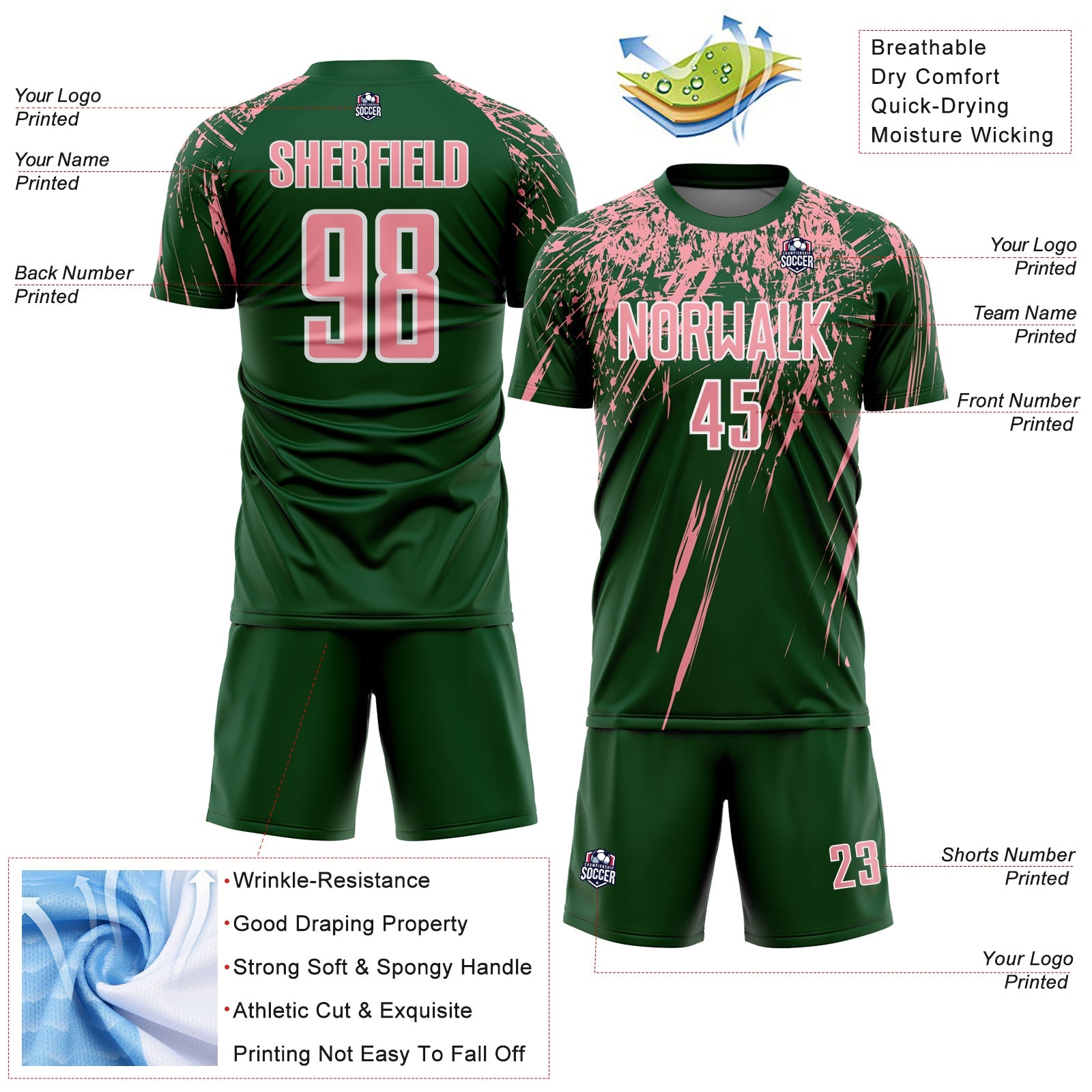 Custom Green Medium Pink-White Splash Sports Sublimation Soccer Uniform Jersey