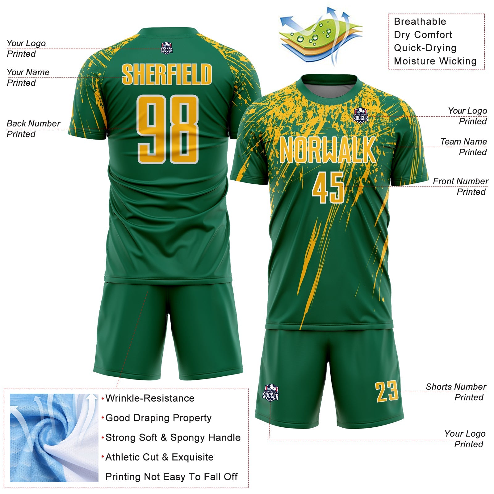 Custom Kelly Green Gold-White Splash Sports Sublimation Soccer Uniform Jersey